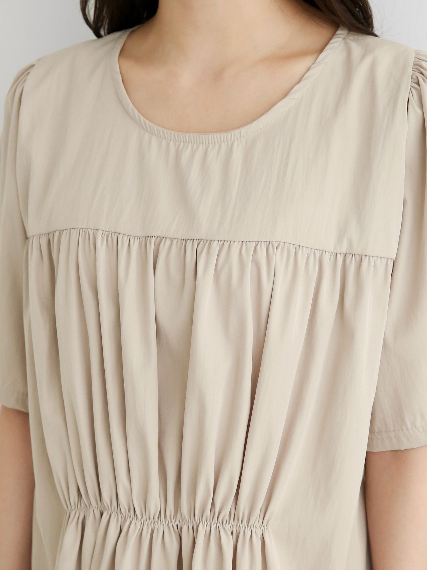 ラウンドネックシャーリングラインパフスリーブオーバーサイズルーズ半袖無地ブラウス | 詳細画像7