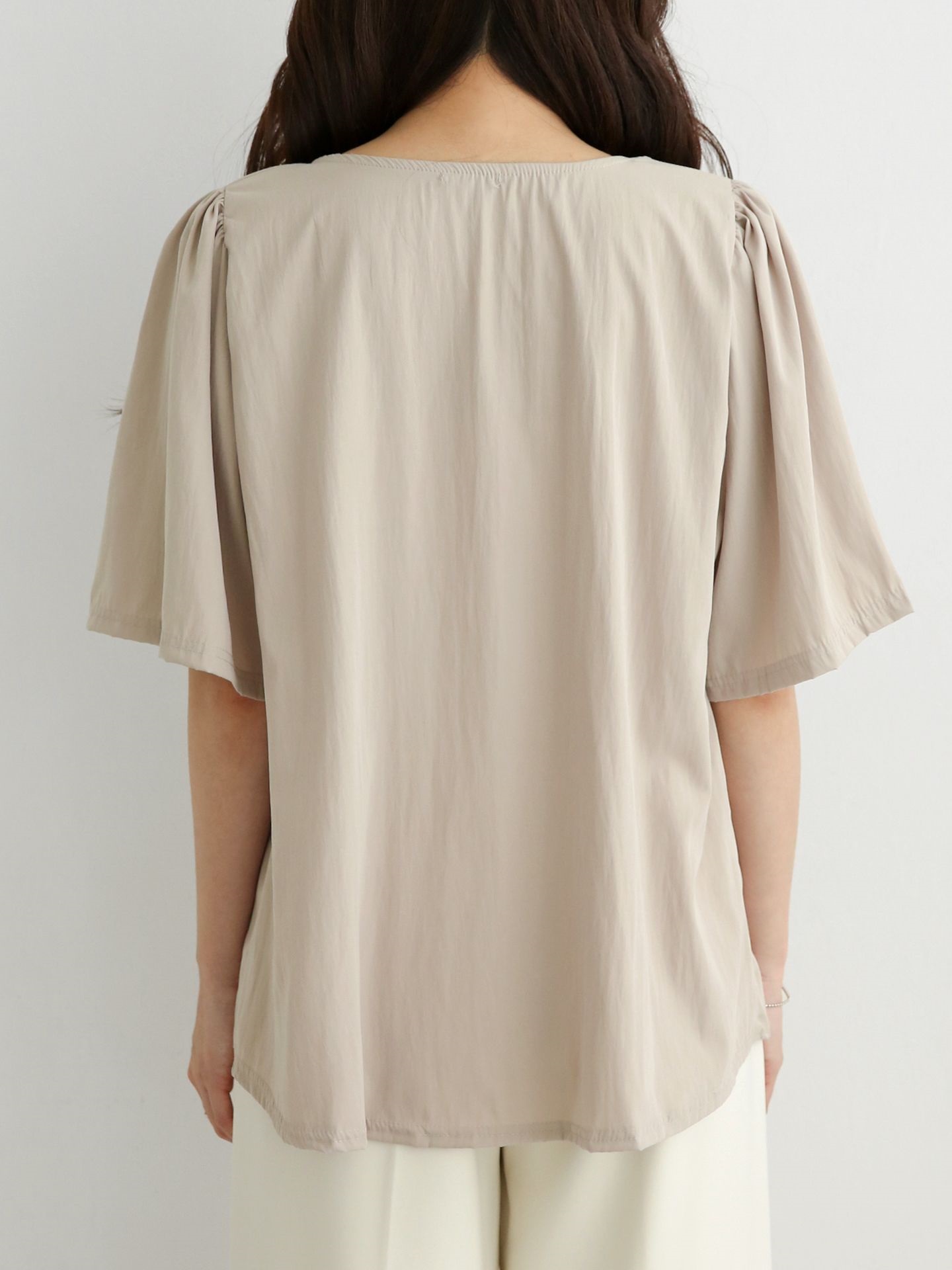 ラウンドネックシャーリングラインパフスリーブオーバーサイズルーズ半袖無地ブラウス | 詳細画像8