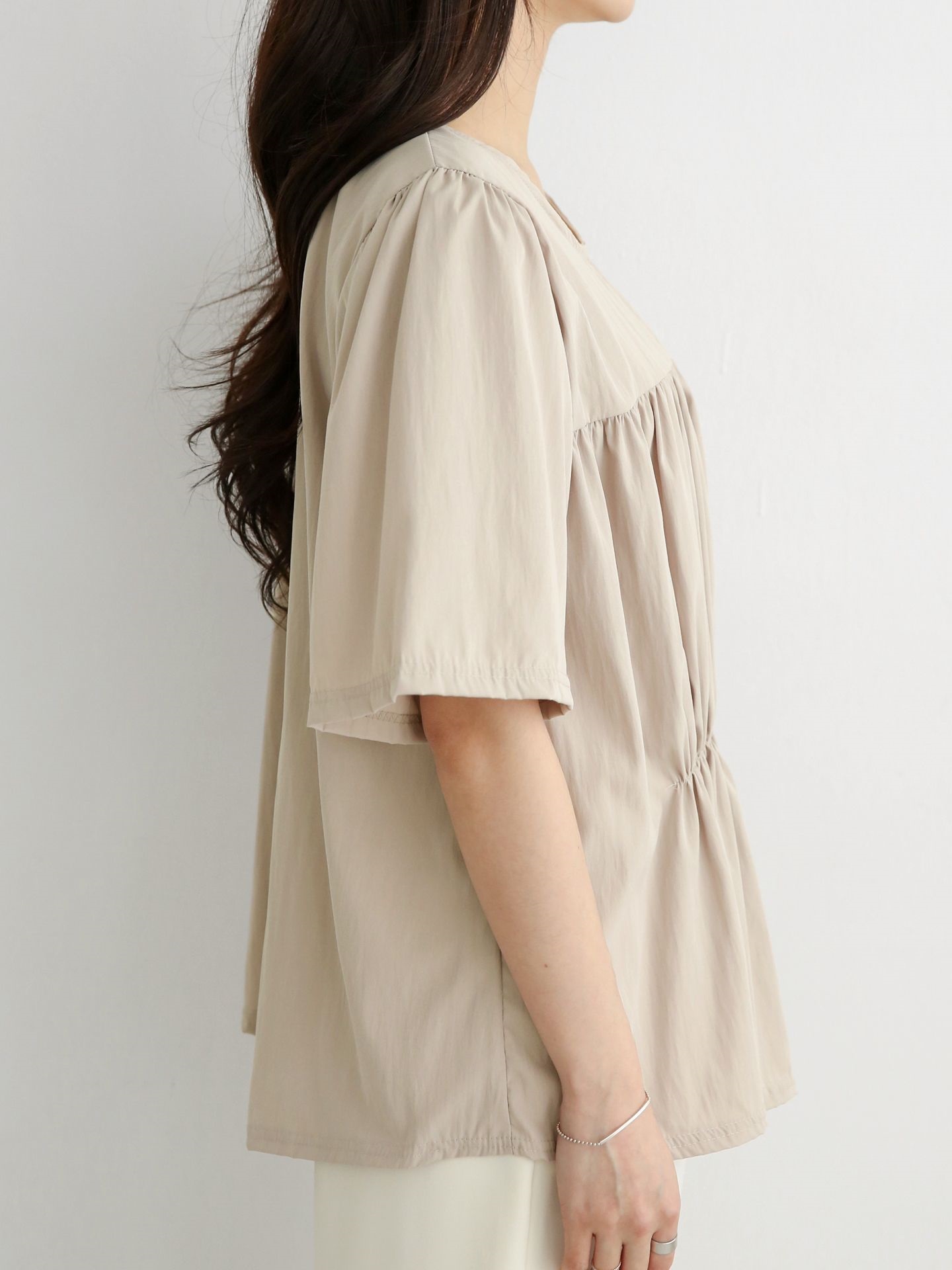 ラウンドネックシャーリングラインパフスリーブオーバーサイズルーズ半袖無地ブラウス | 詳細画像10
