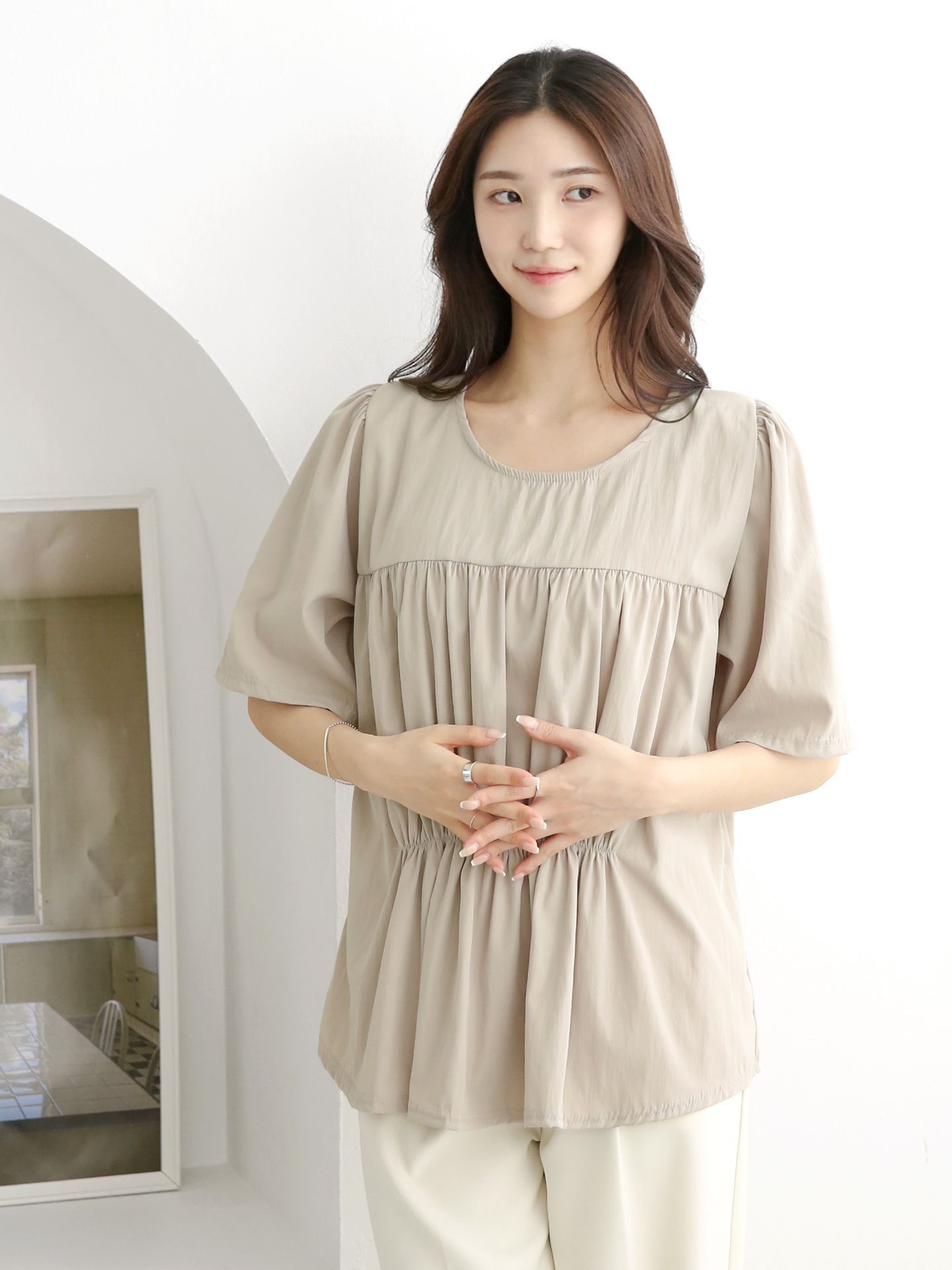 ラウンドネックシャーリングラインパフスリーブオーバーサイズルーズ半袖無地ブラウス | 詳細画像13