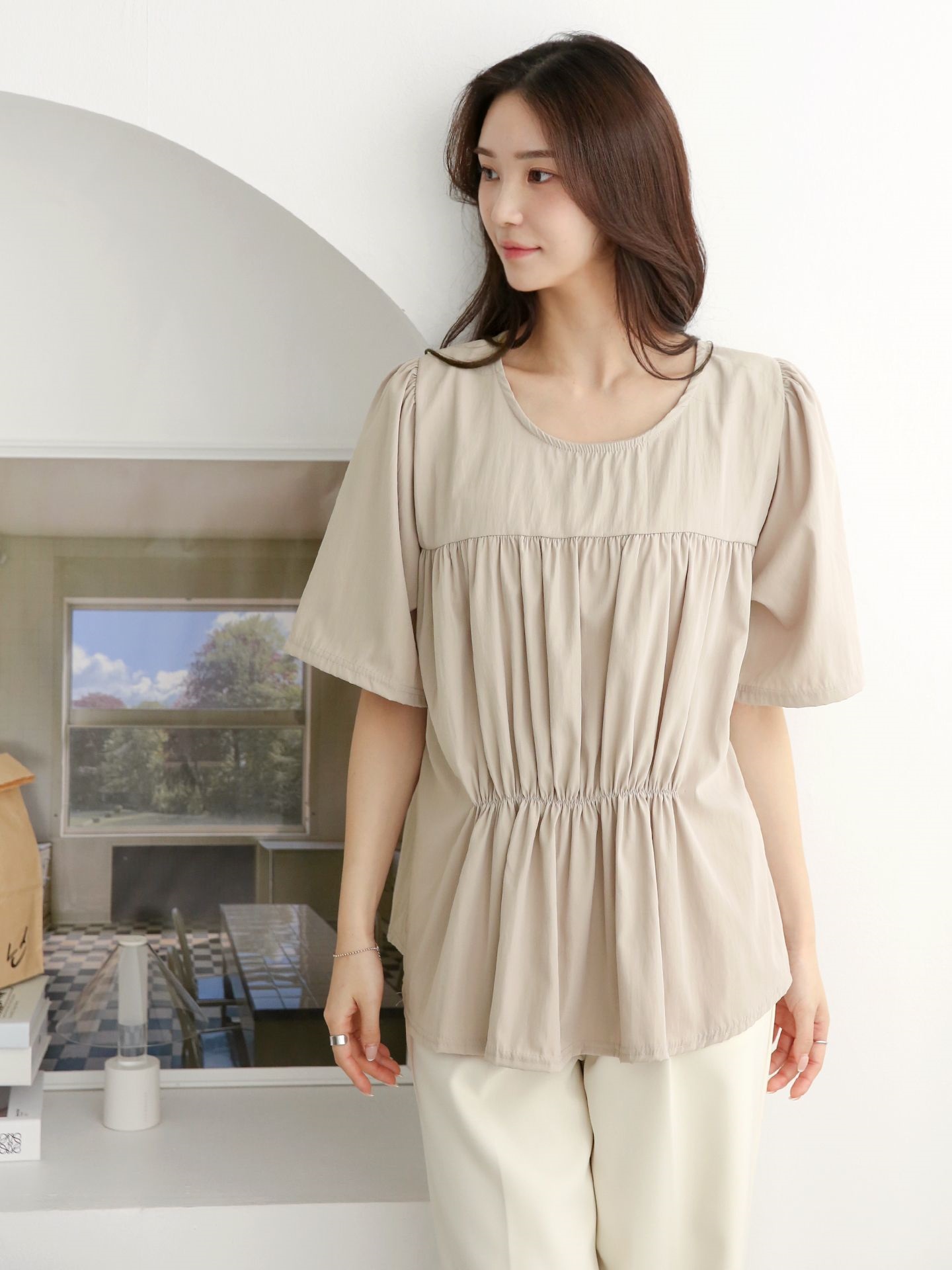 ラウンドネックシャーリングラインパフスリーブオーバーサイズルーズ半袖無地ブラウス | 詳細画像14