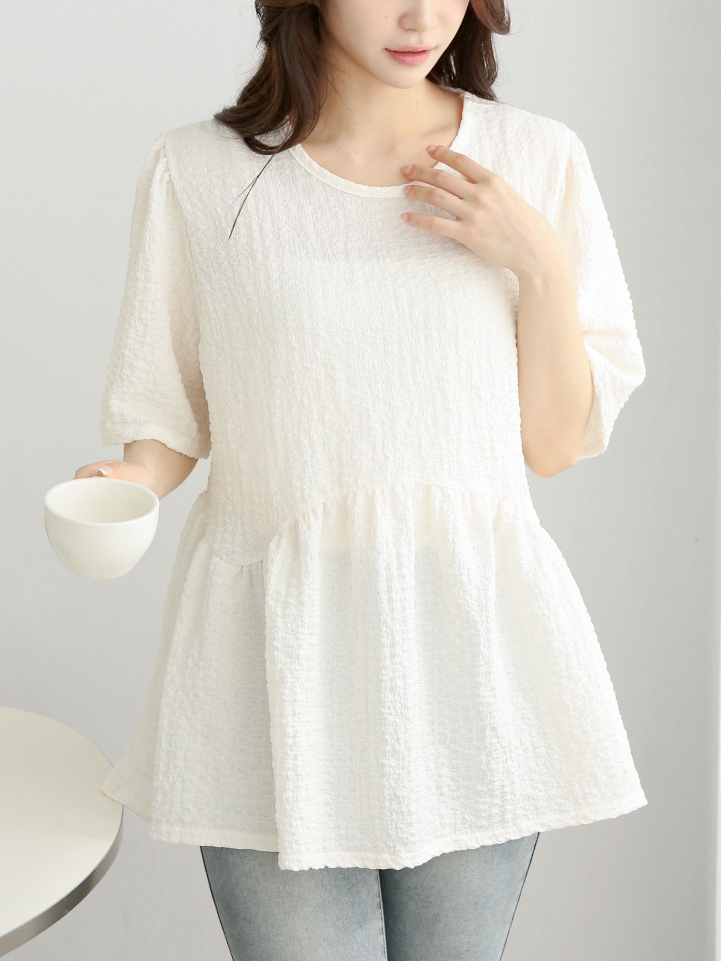 ラウンドネックラインオーバーサイズルーズ半袖フレアハーフ無地ブラウス | 詳細画像3