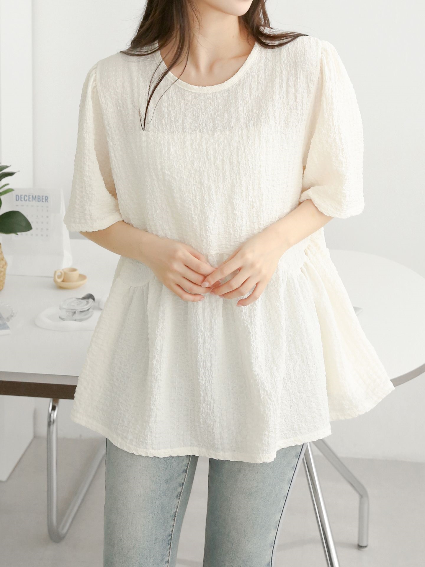 ラウンドネックラインオーバーサイズルーズ半袖フレアハーフ無地ブラウス | 詳細画像4