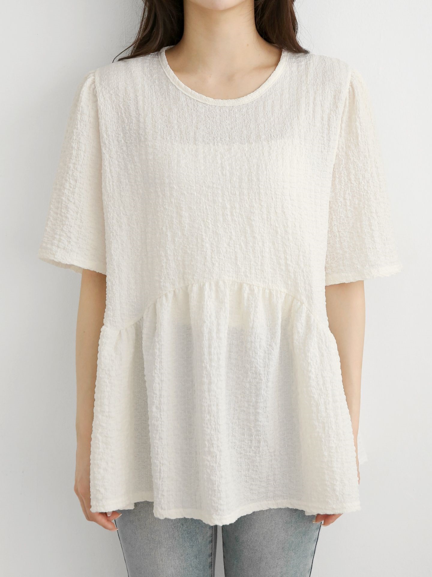 ラウンドネックラインオーバーサイズルーズ半袖フレアハーフ無地ブラウス | 詳細画像5