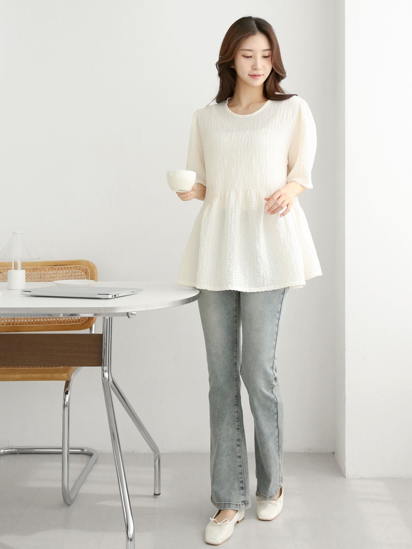 ラウンドネックラインオーバーサイズルーズ半袖フレアハーフ無地ブラウス | 詳細画像6