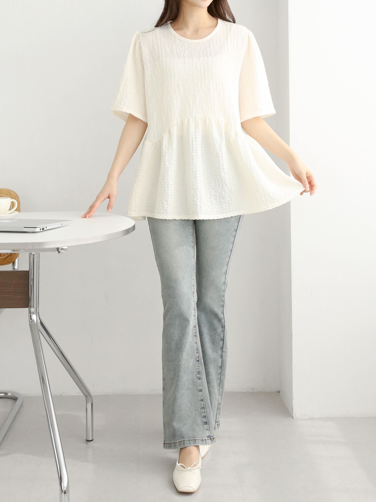 ラウンドネックラインオーバーサイズルーズ半袖フレアハーフ無地ブラウス | 詳細画像7