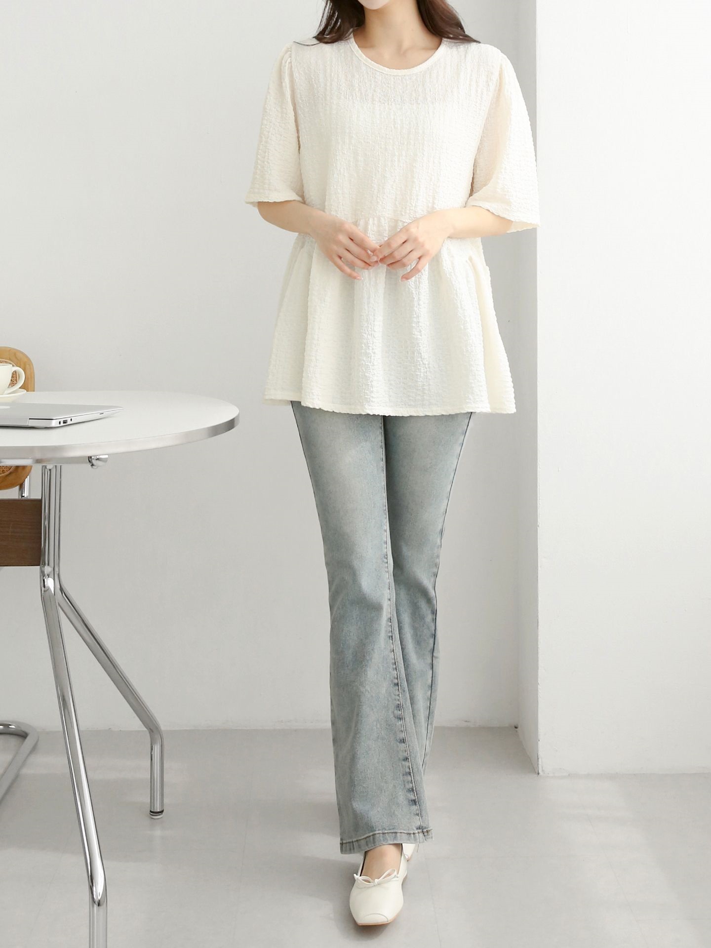 ラウンドネックラインオーバーサイズルーズ半袖フレアハーフ無地ブラウス | 詳細画像8