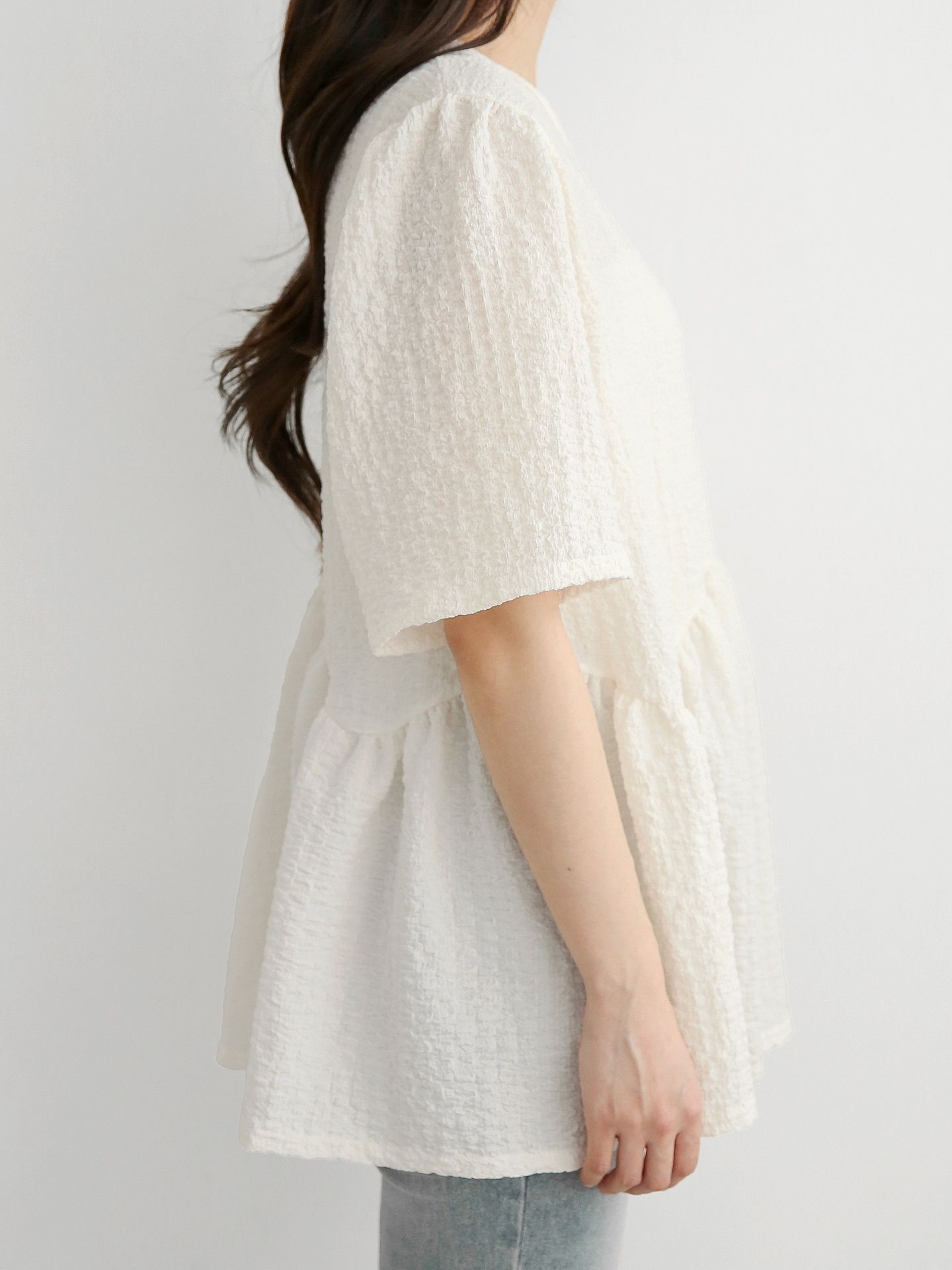 ラウンドネックラインオーバーサイズルーズ半袖フレアハーフ無地ブラウス | 詳細画像9