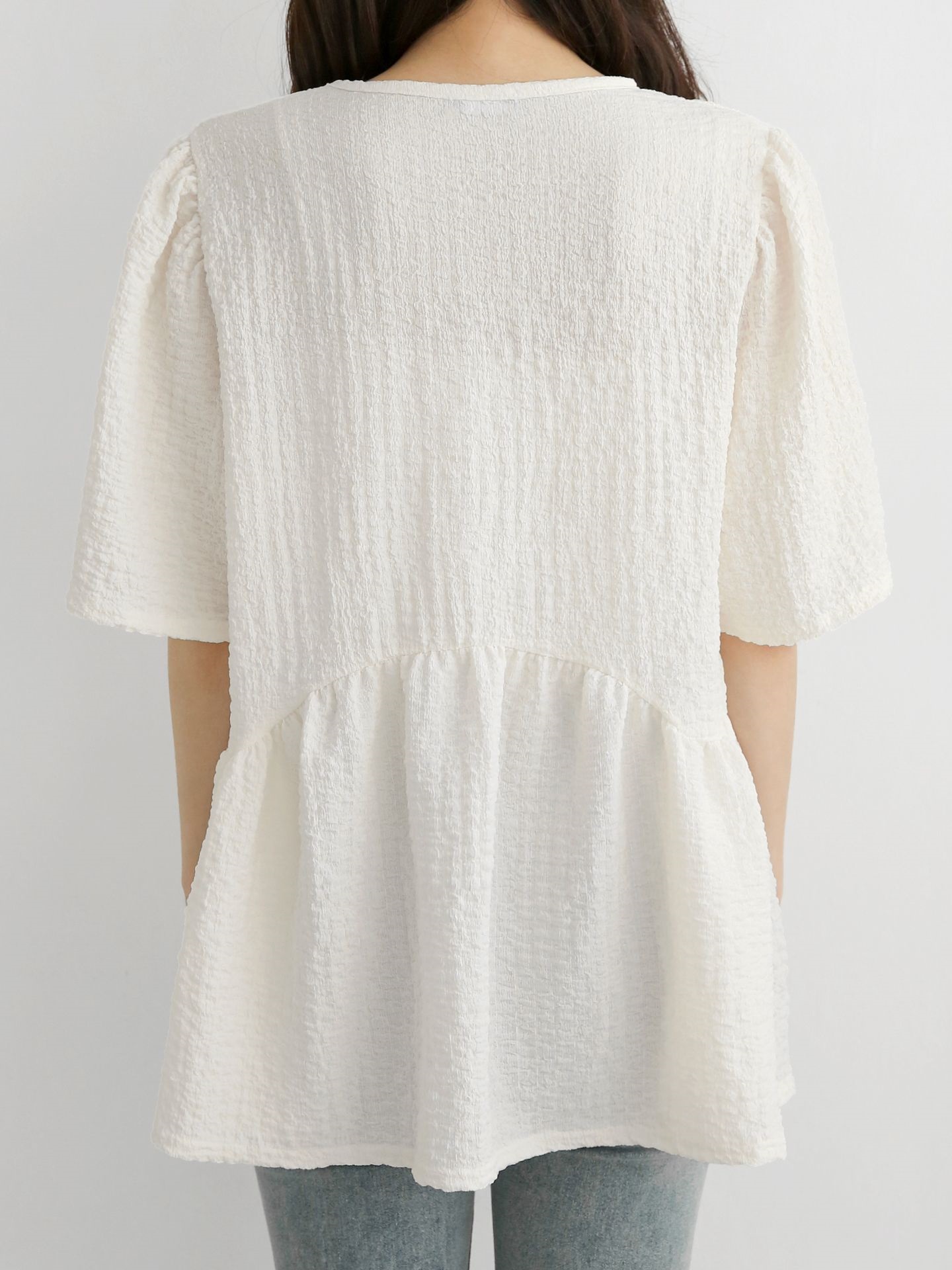 ラウンドネックラインオーバーサイズルーズ半袖フレアハーフ無地ブラウス | 詳細画像10