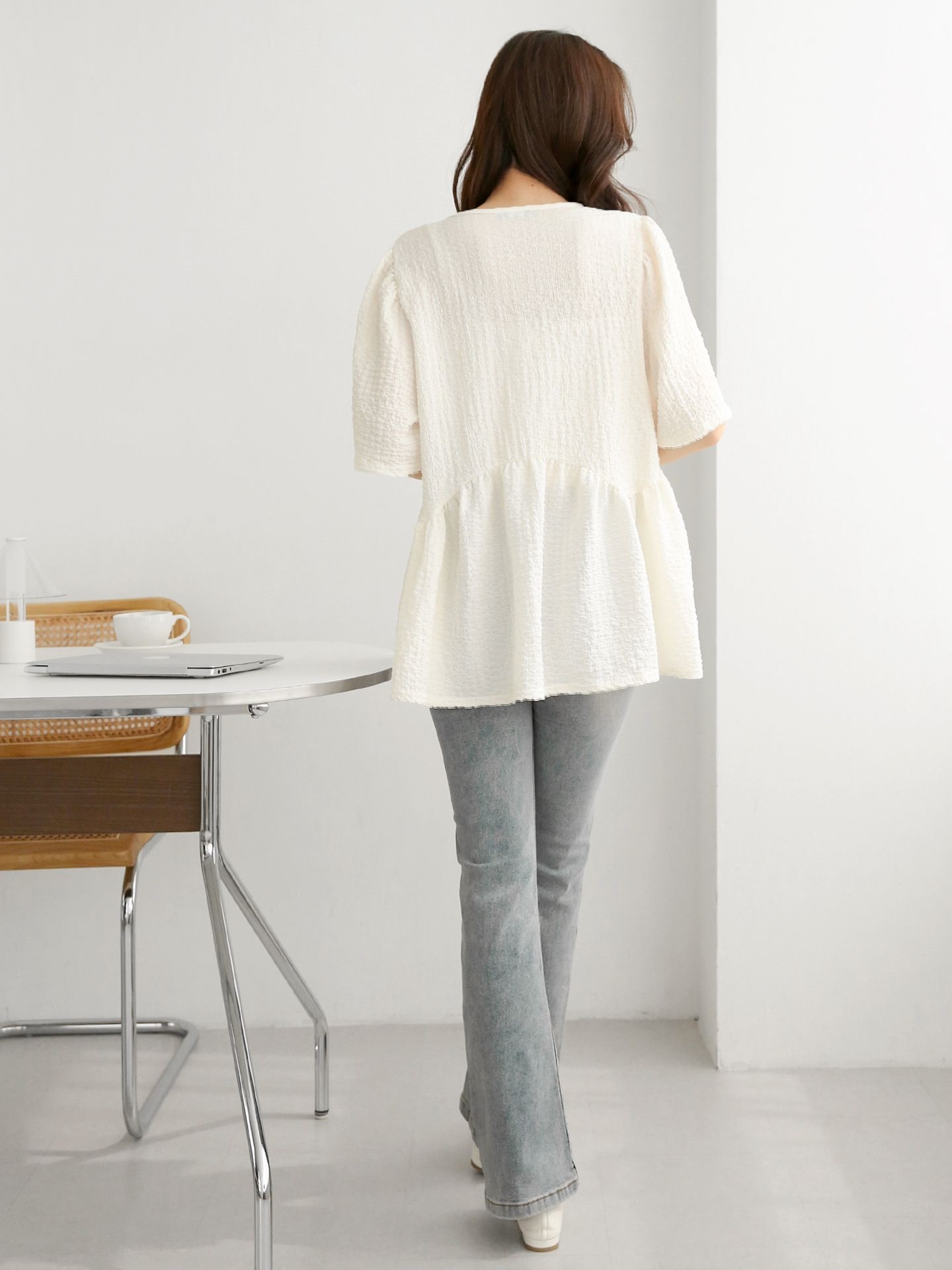 ラウンドネックラインオーバーサイズルーズ半袖フレアハーフ無地ブラウス | 詳細画像11