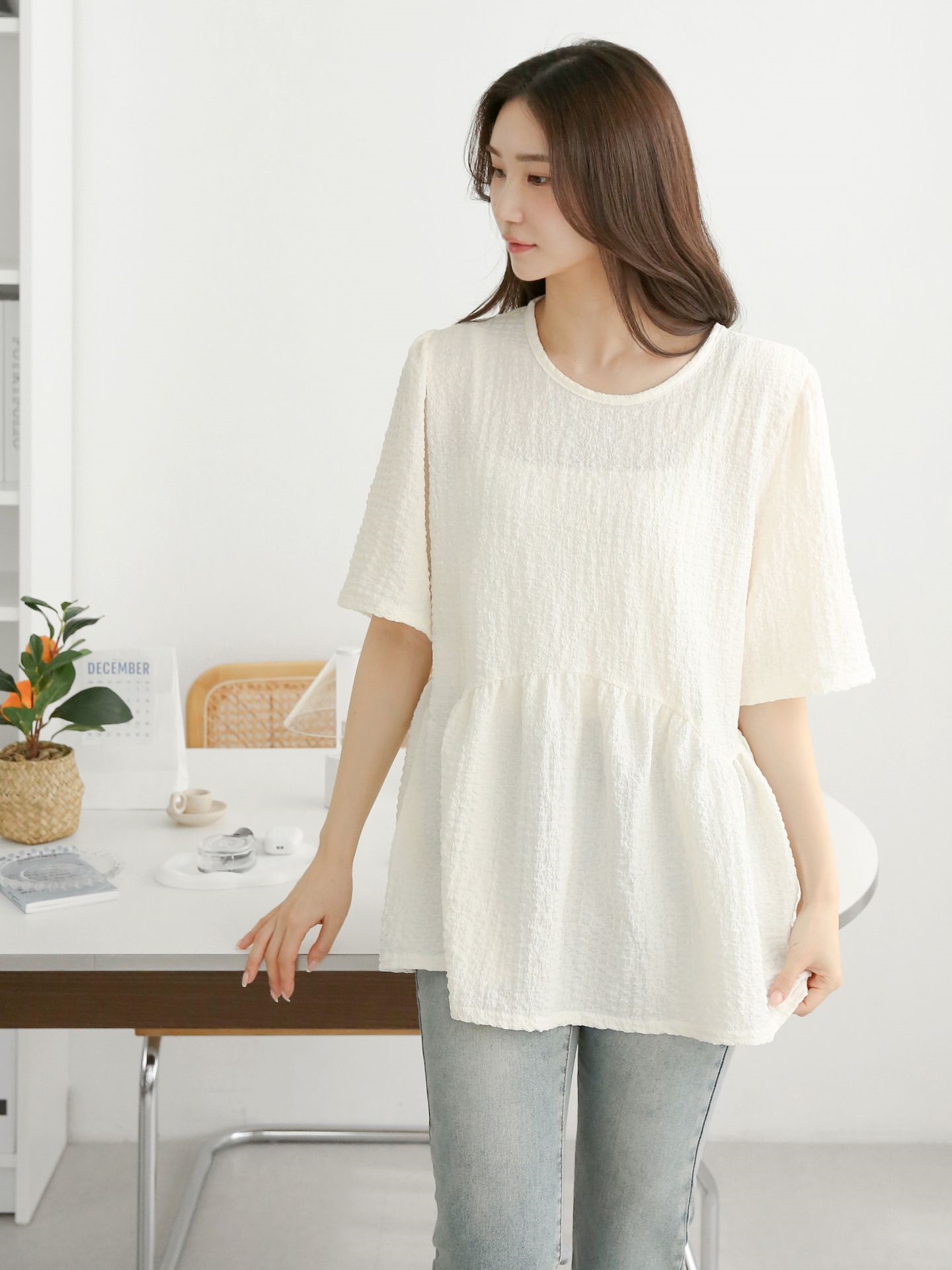 ラウンドネックラインオーバーサイズルーズ半袖フレアハーフ無地ブラウス | 詳細画像12