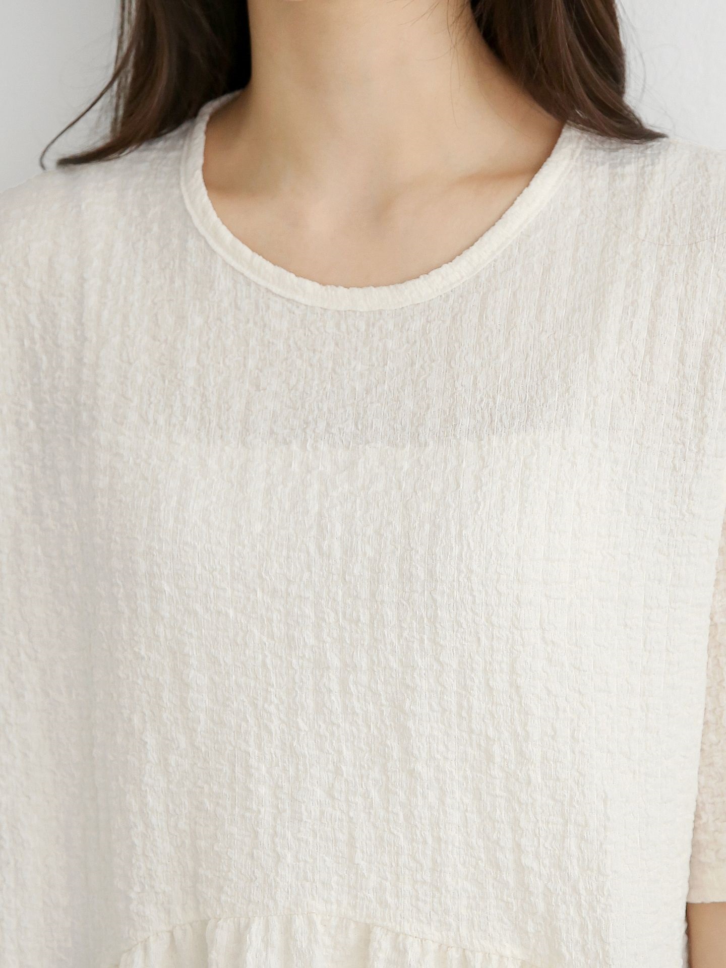 ラウンドネックラインオーバーサイズルーズ半袖フレアハーフ無地ブラウス | 詳細画像14