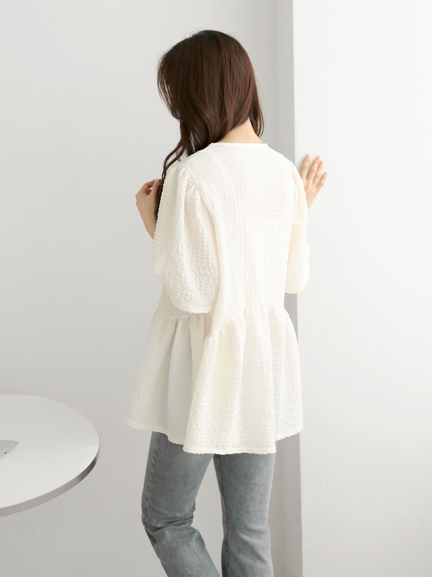 ラウンドネックラインオーバーサイズルーズ半袖フレアハーフ無地ブラウス | 詳細画像15