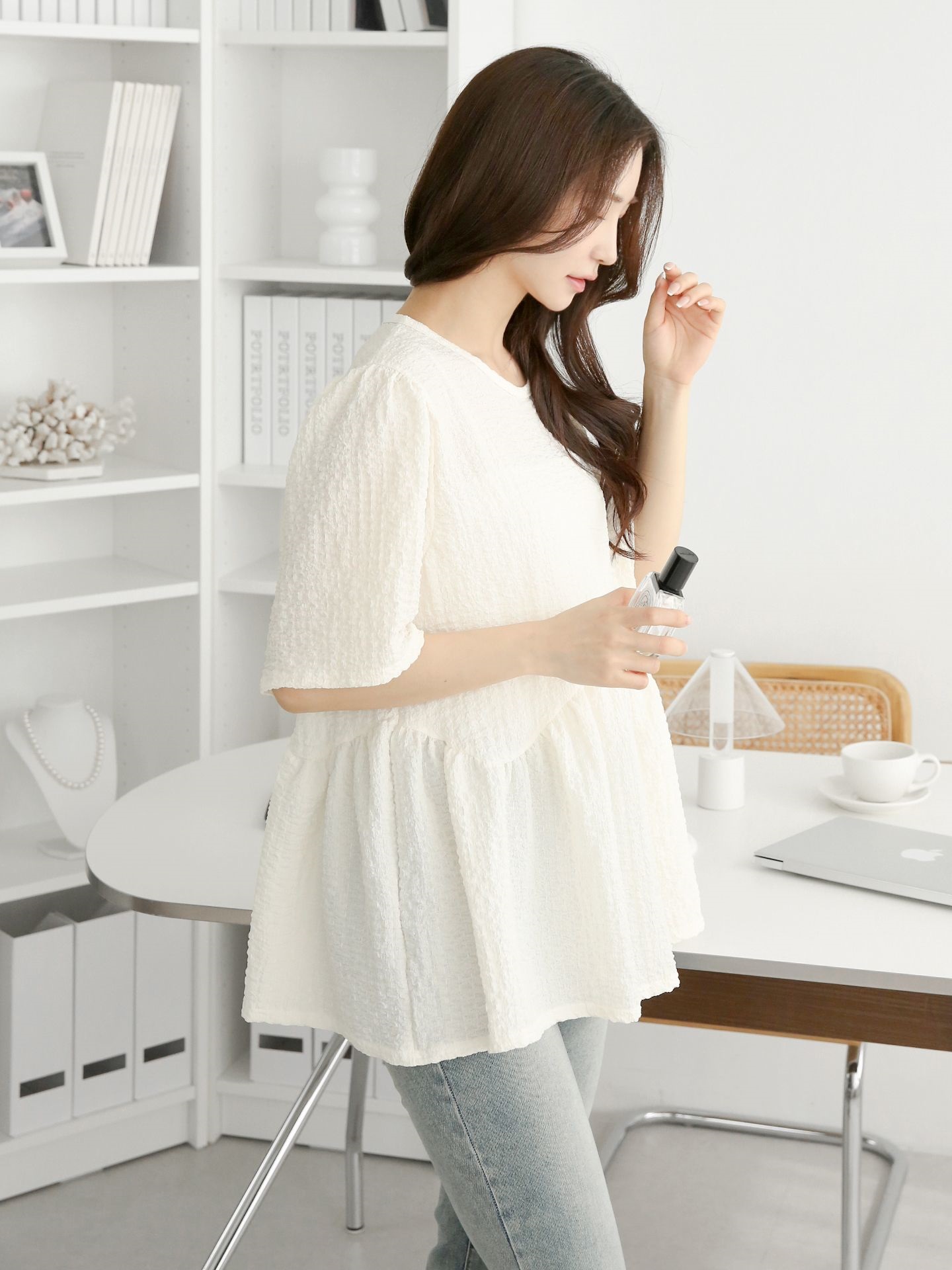 ラウンドネックラインオーバーサイズルーズ半袖フレアハーフ無地ブラウス | 詳細画像17