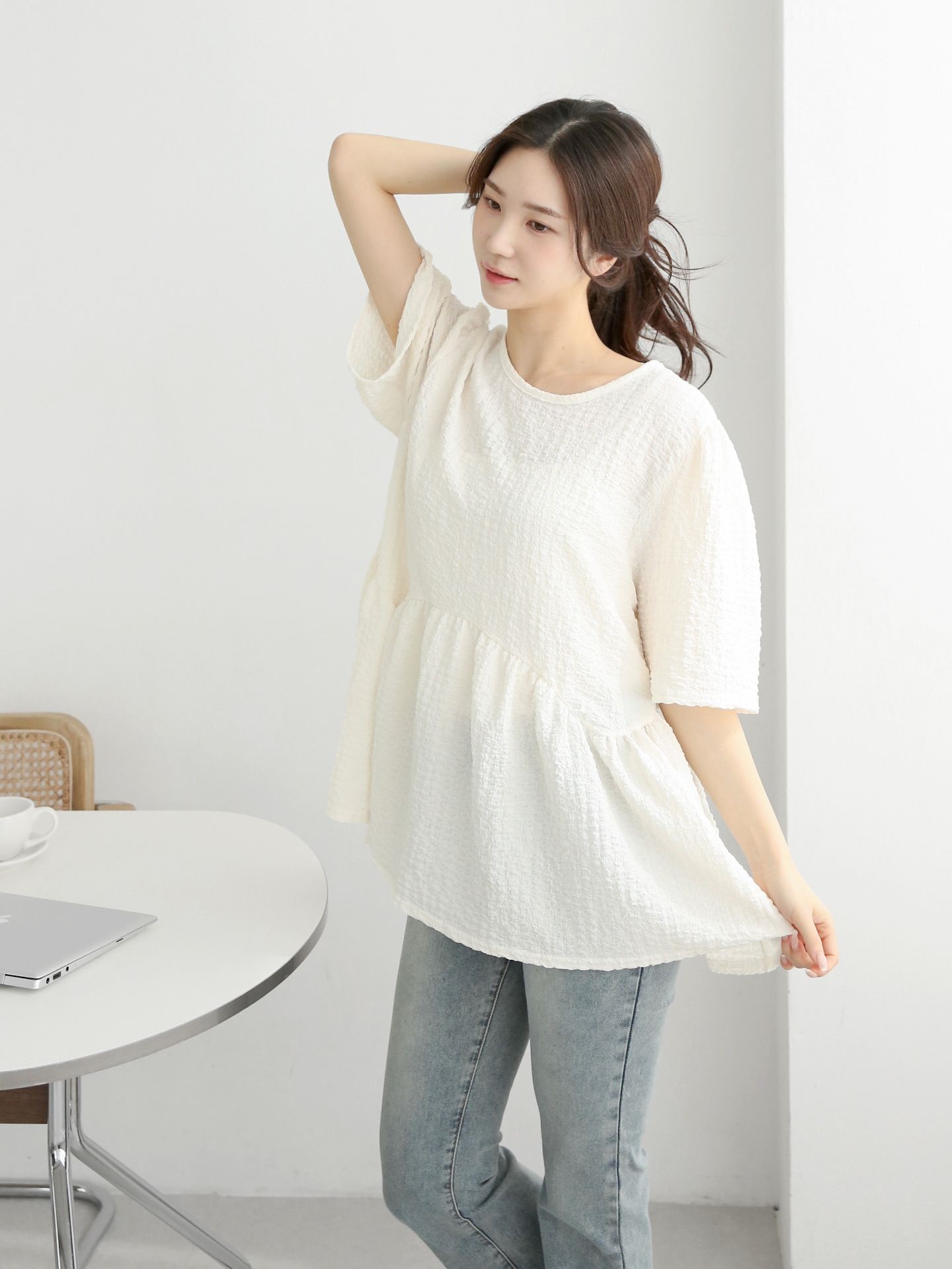 ラウンドネックラインオーバーサイズルーズ半袖フレアハーフ無地ブラウス | 詳細画像18