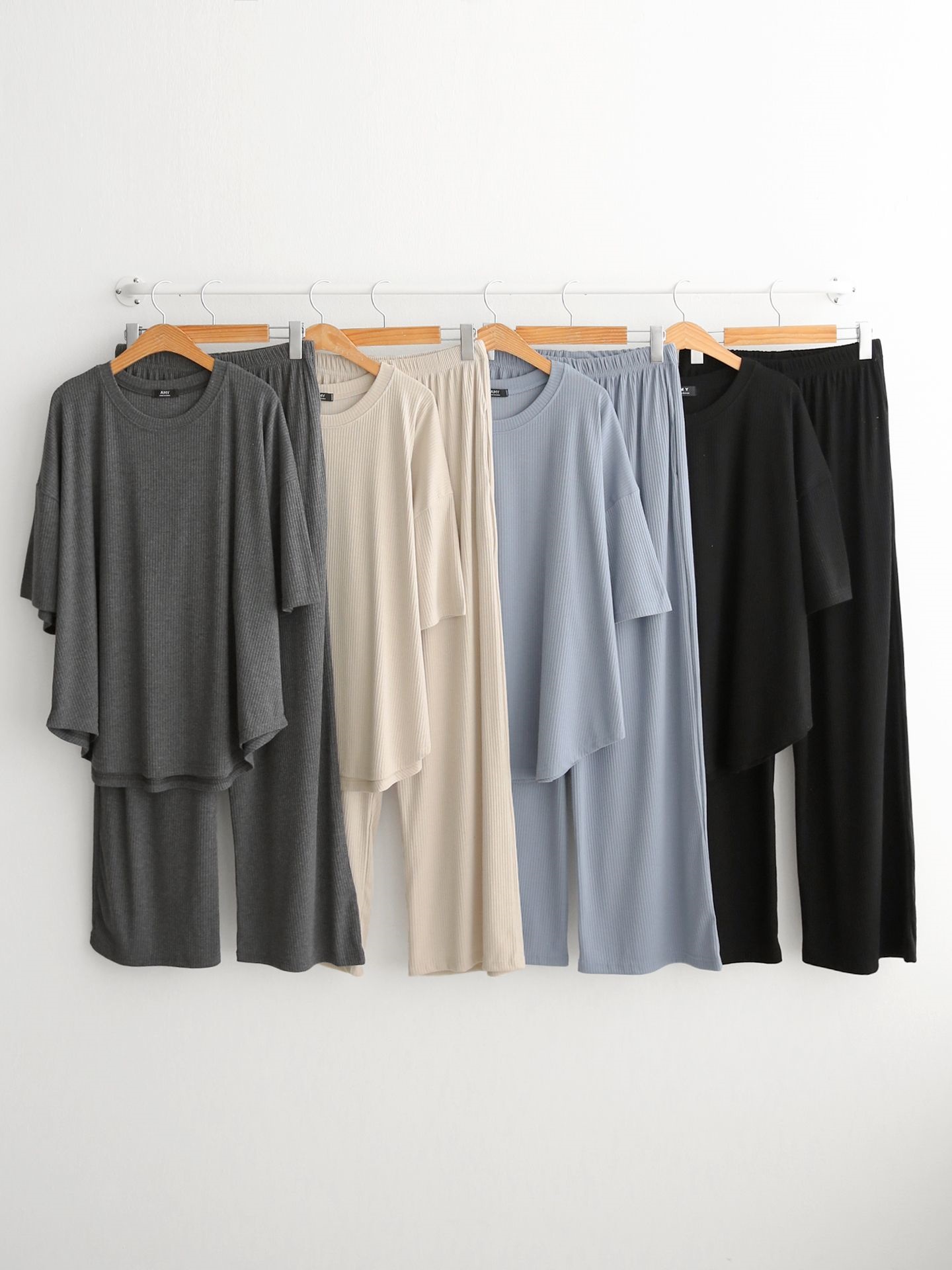 リブラウンドネックポケットウエストゴムオーバーサイズルーズ半袖フレアドロップショルダー無地ツーピース(トップス、ボトムス)パンツTシャツ | 詳細画像2