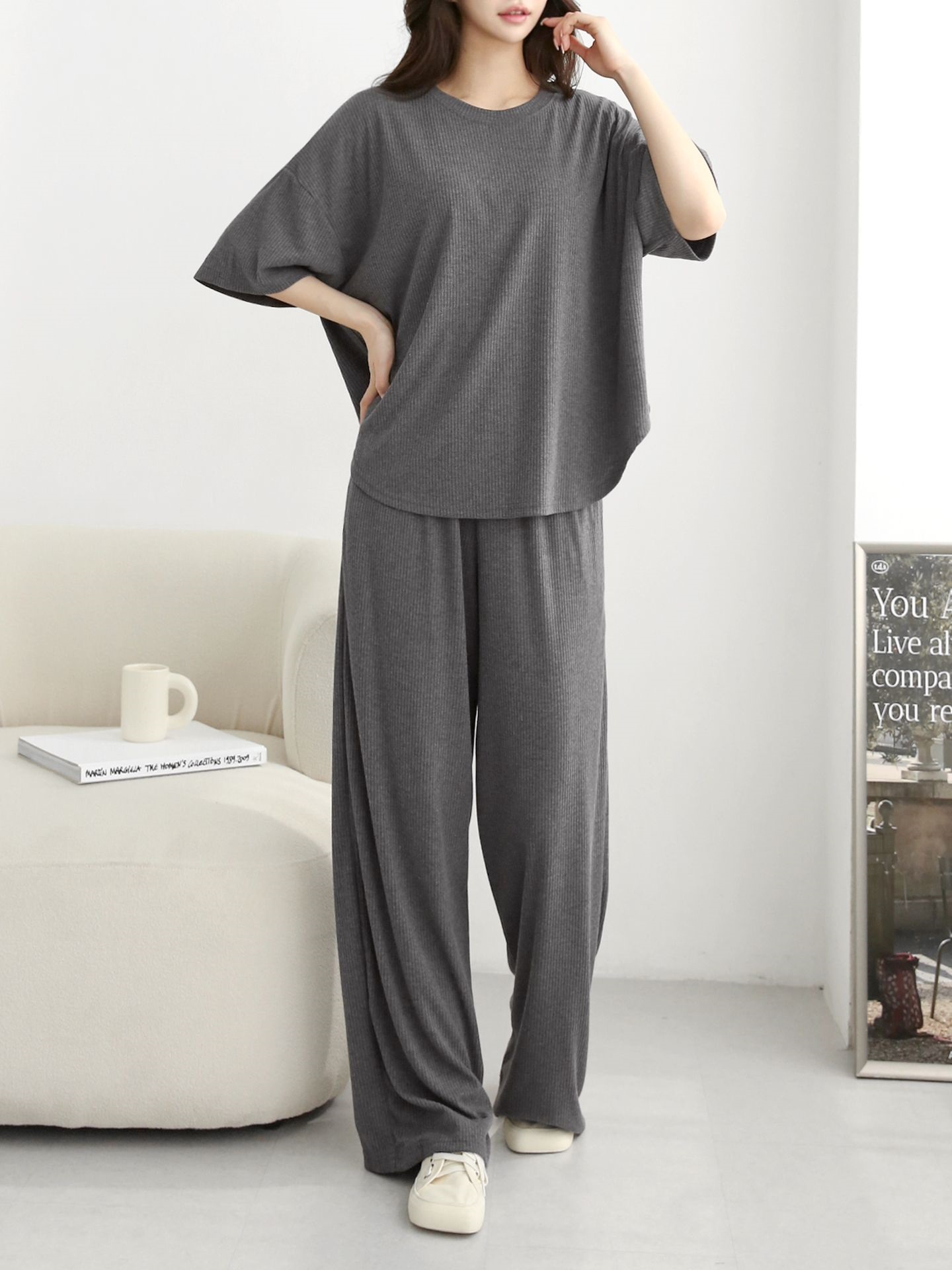 リブラウンドネックポケットウエストゴムオーバーサイズルーズ半袖フレアドロップショルダー無地ツーピース(トップス、ボトムス)パンツTシャツ | 詳細画像3