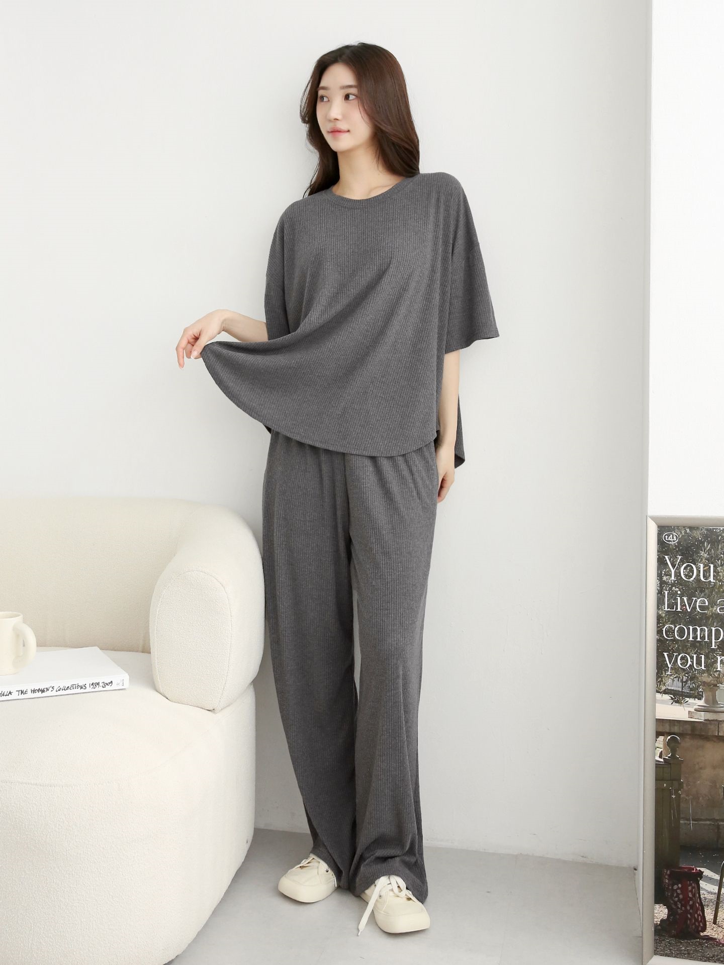 リブラウンドネックポケットウエストゴムオーバーサイズルーズ半袖フレアドロップショルダー無地ツーピース(トップス、ボトムス)パンツTシャツ | 詳細画像4