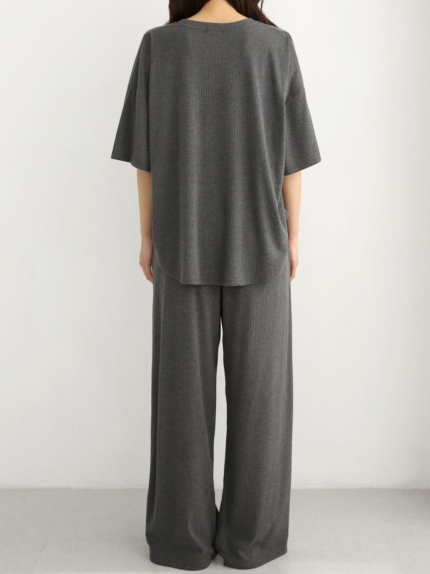 リブラウンドネックポケットウエストゴムオーバーサイズルーズ半袖フレアドロップショルダー無地ツーピース(トップス、ボトムス)パンツTシャツ | 詳細画像5