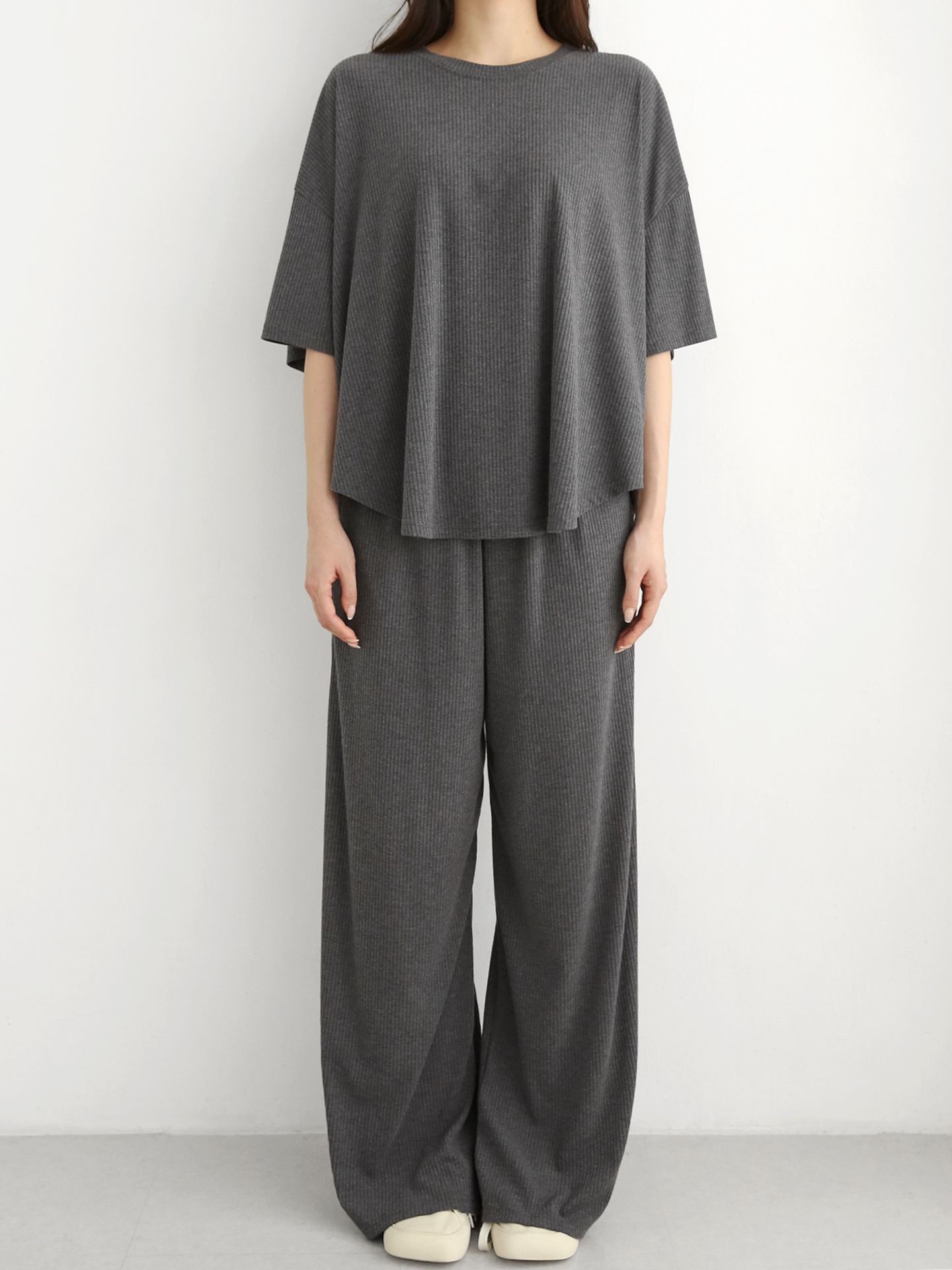 リブラウンドネックポケットウエストゴムオーバーサイズルーズ半袖フレアドロップショルダー無地ツーピース(トップス、ボトムス)パンツTシャツ | 詳細画像6