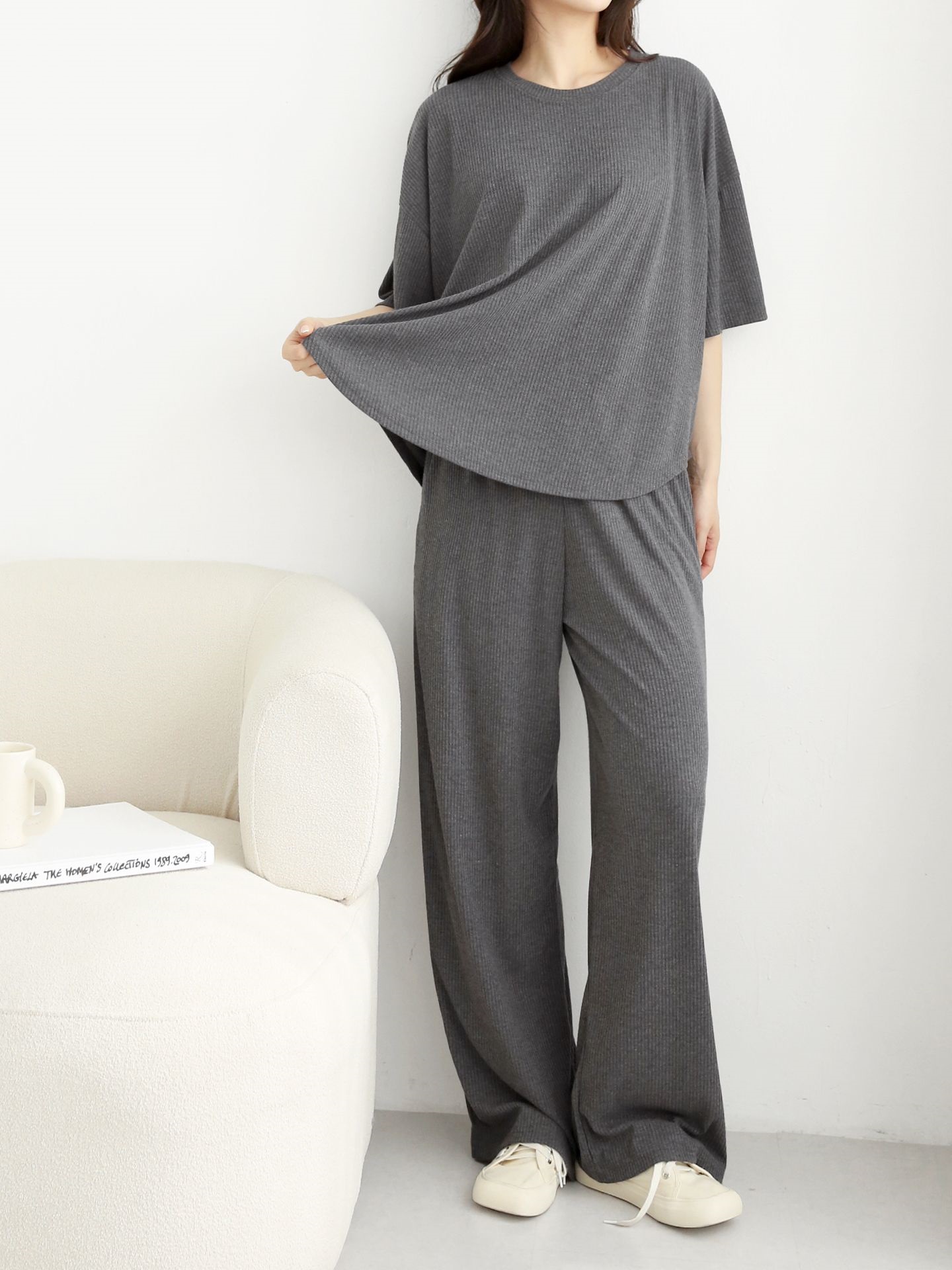 リブラウンドネックポケットウエストゴムオーバーサイズルーズ半袖フレアドロップショルダー無地ツーピース(トップス、ボトムス)パンツTシャツ | 詳細画像7