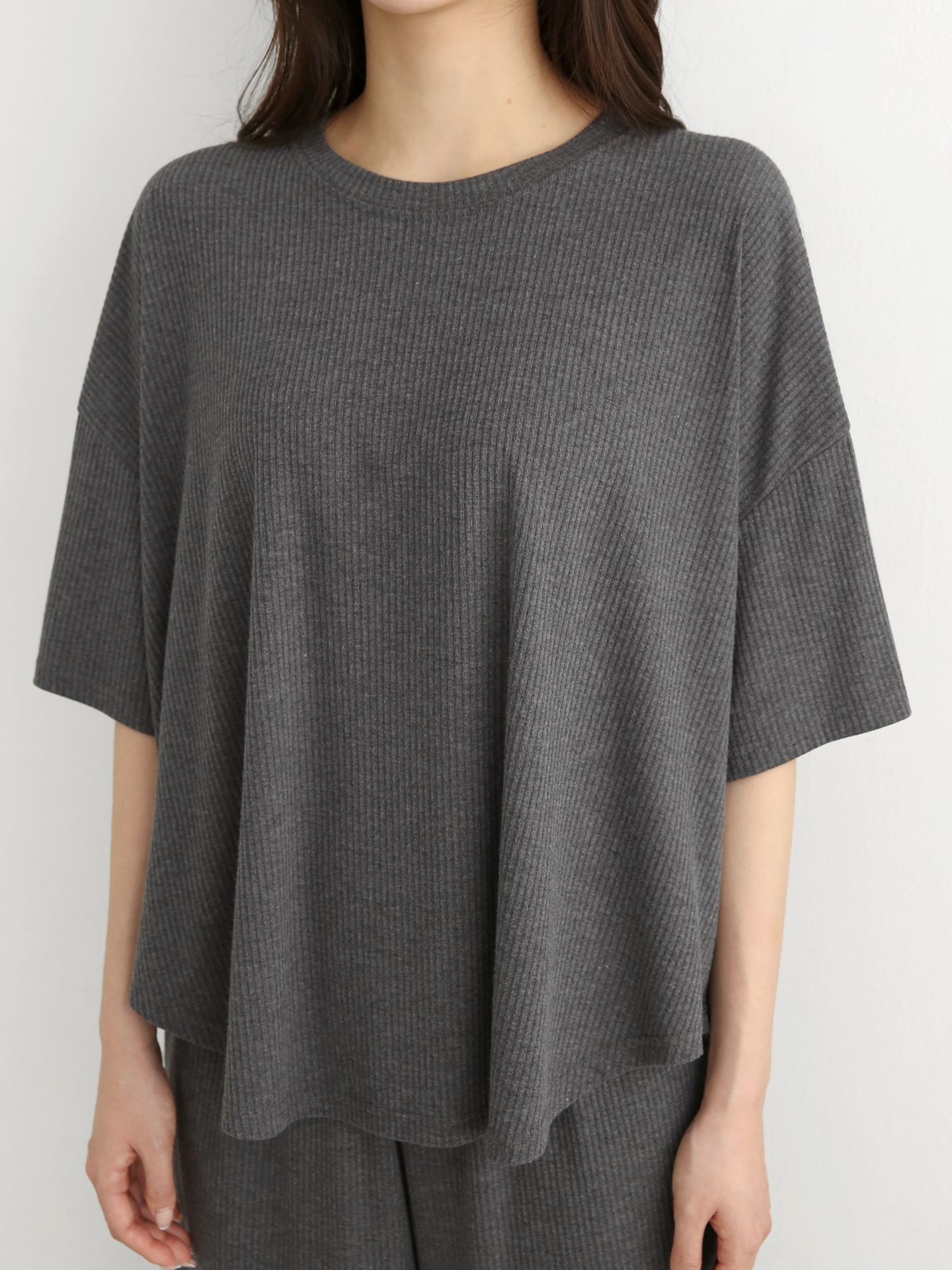 リブラウンドネックポケットウエストゴムオーバーサイズルーズ半袖フレアドロップショルダー無地ツーピース(トップス、ボトムス)パンツTシャツ | 詳細画像8