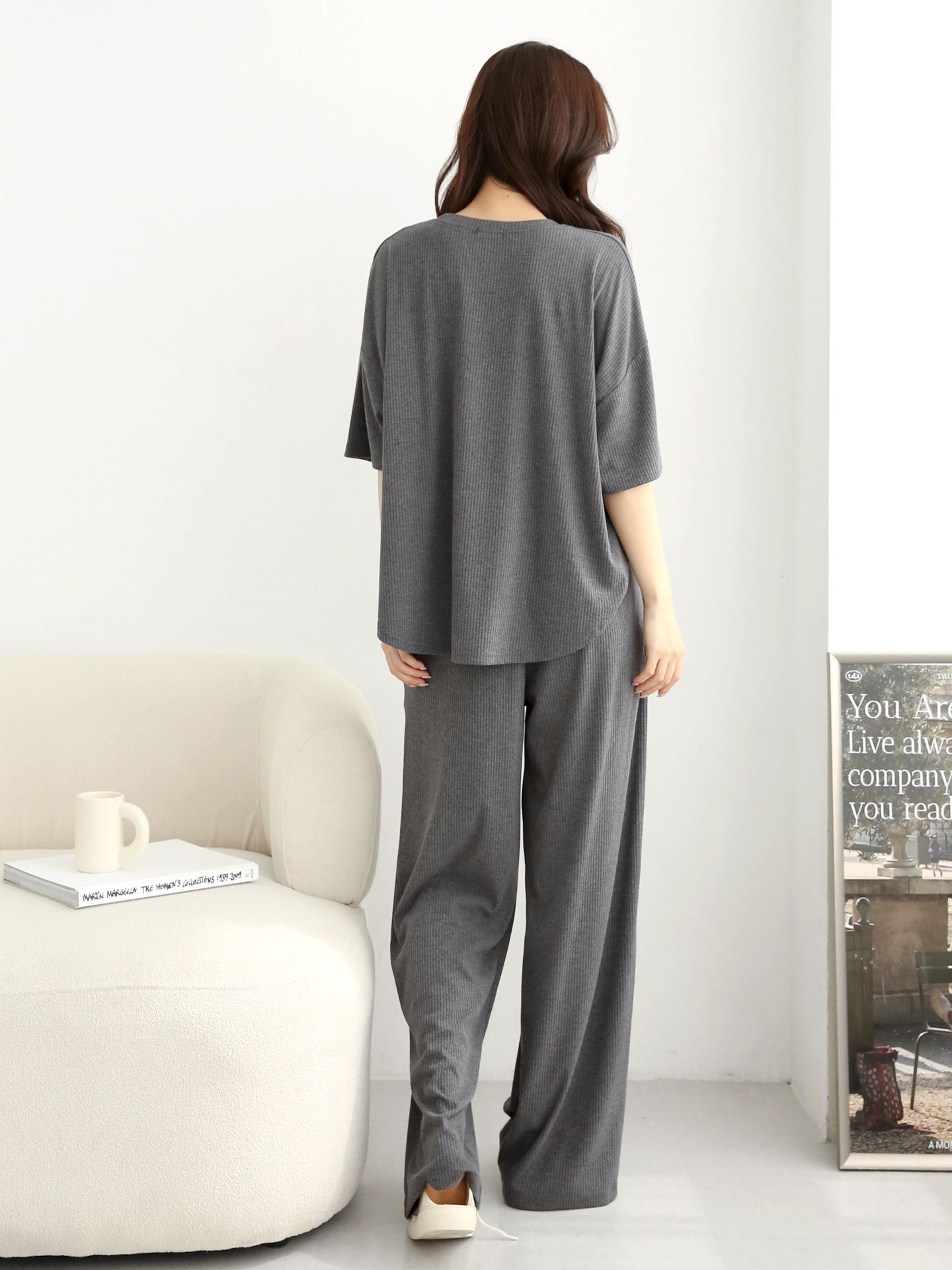 リブラウンドネックポケットウエストゴムオーバーサイズルーズ半袖フレアドロップショルダー無地ツーピース(トップス、ボトムス)パンツTシャツ | 詳細画像9