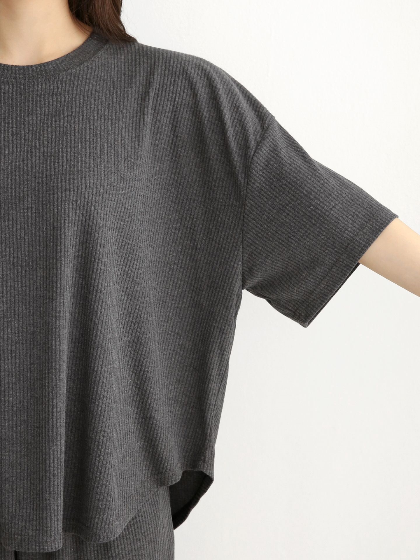 リブラウンドネックポケットウエストゴムオーバーサイズルーズ半袖フレアドロップショルダー無地ツーピース(トップス、ボトムス)パンツTシャツ | 詳細画像10