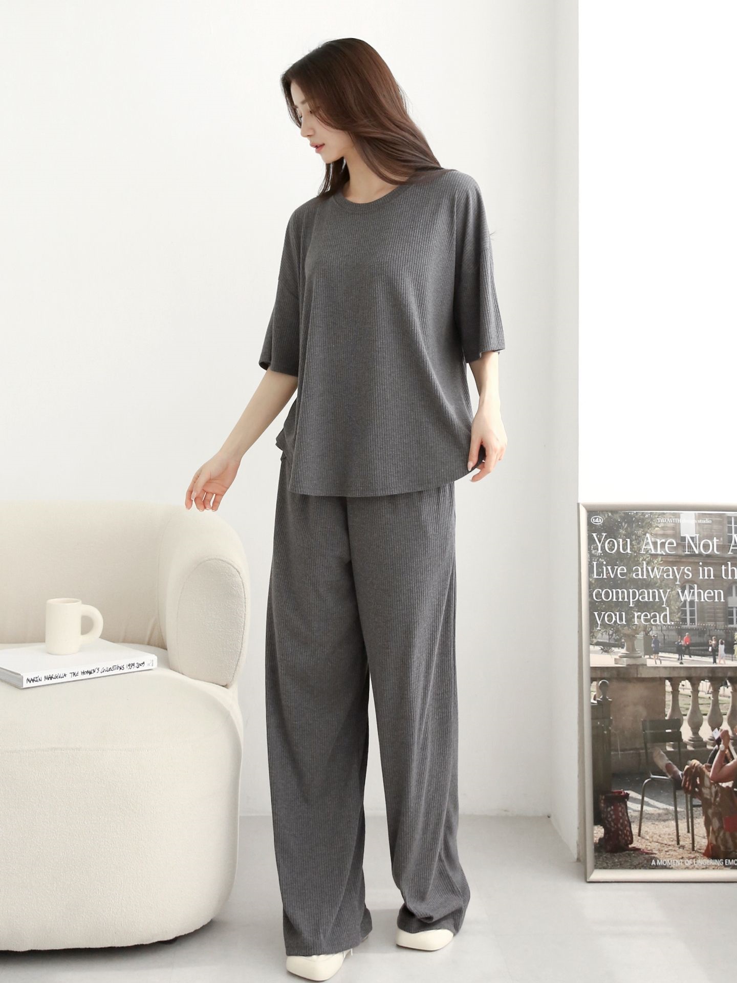 リブラウンドネックポケットウエストゴムオーバーサイズルーズ半袖フレアドロップショルダー無地ツーピース(トップス、ボトムス)パンツTシャツ | 詳細画像11