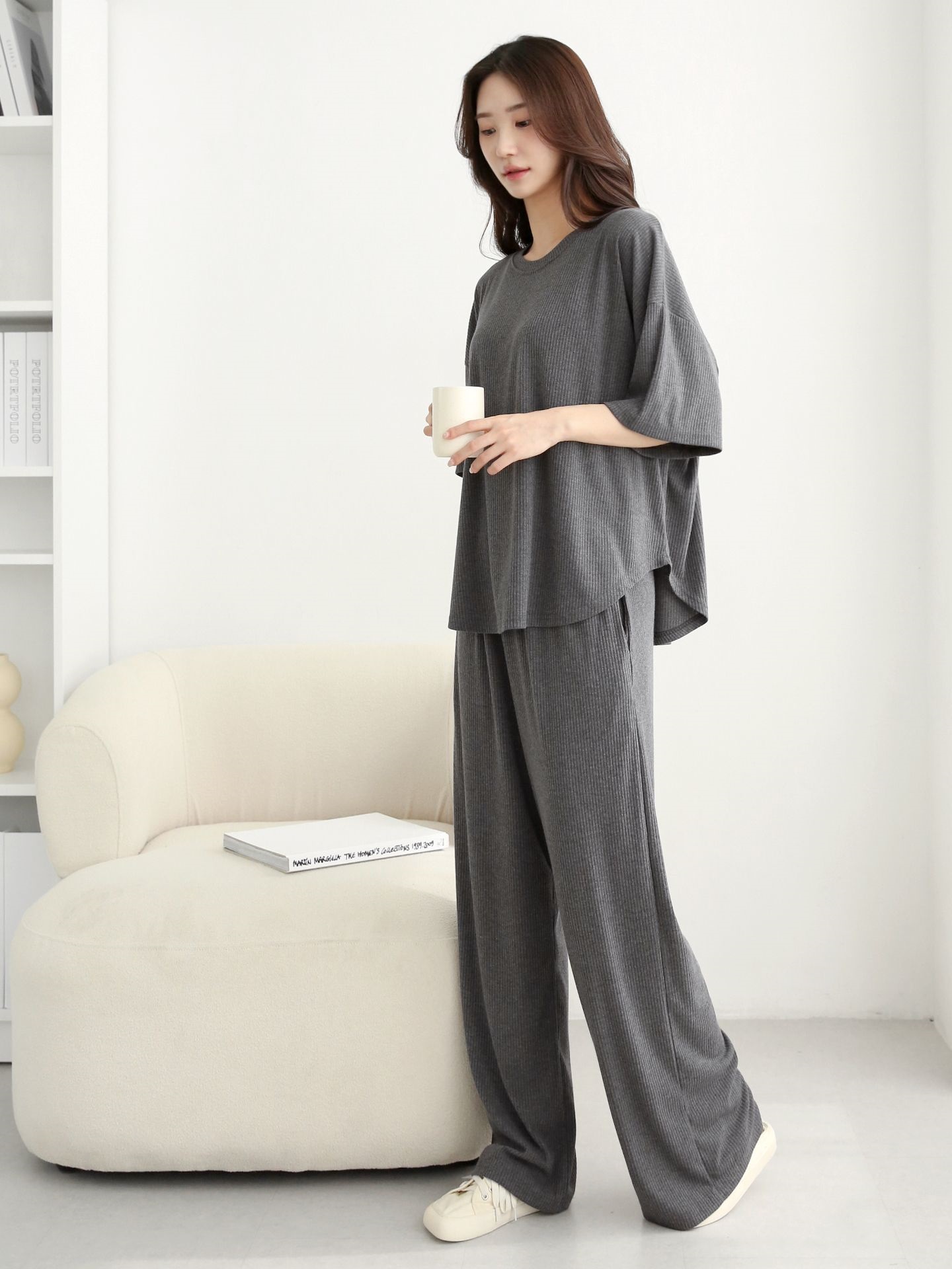 リブラウンドネックポケットウエストゴムオーバーサイズルーズ半袖フレアドロップショルダー無地ツーピース(トップス、ボトムス)パンツTシャツ | 詳細画像13