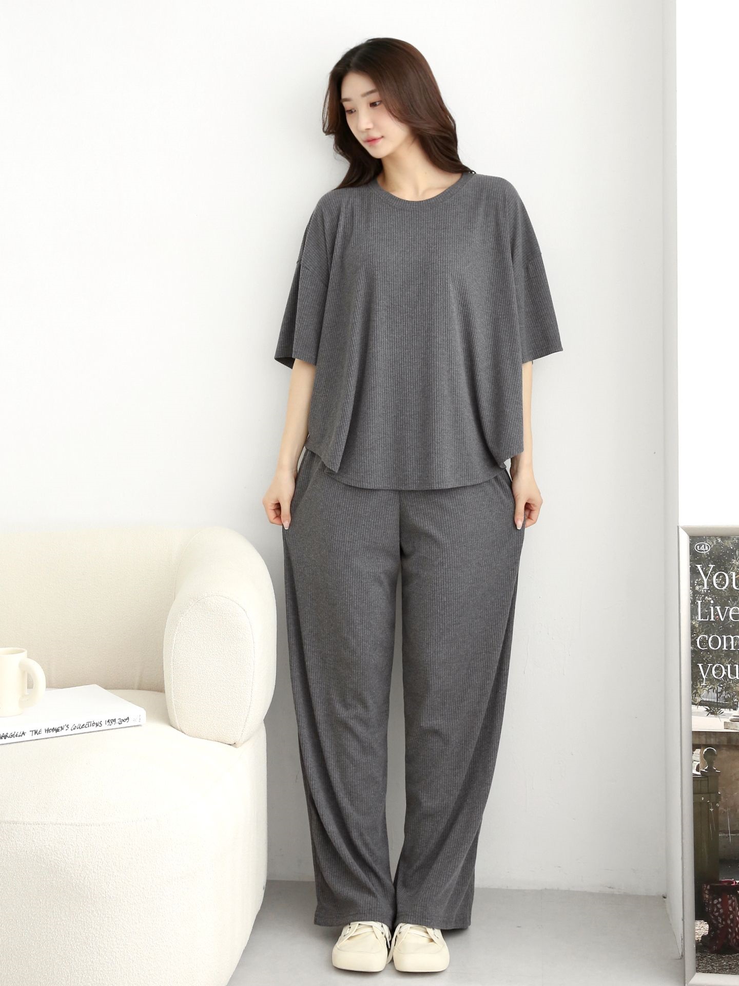 リブラウンドネックポケットウエストゴムオーバーサイズルーズ半袖フレアドロップショルダー無地ツーピース(トップス、ボトムス)パンツTシャツ | 詳細画像14