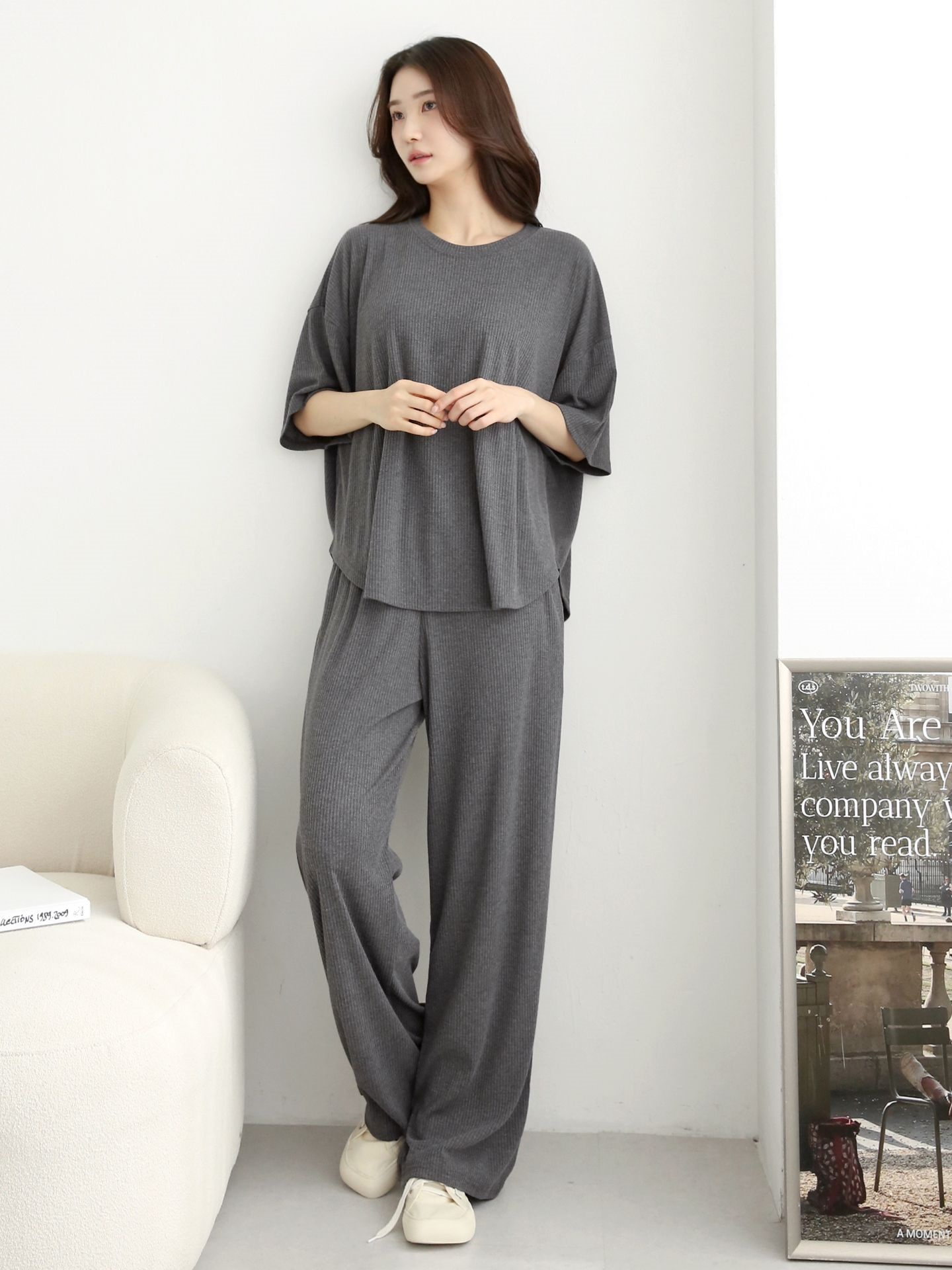 リブラウンドネックポケットウエストゴムオーバーサイズルーズ半袖フレアドロップショルダー無地ツーピース(トップス、ボトムス)パンツTシャツ | 詳細画像15