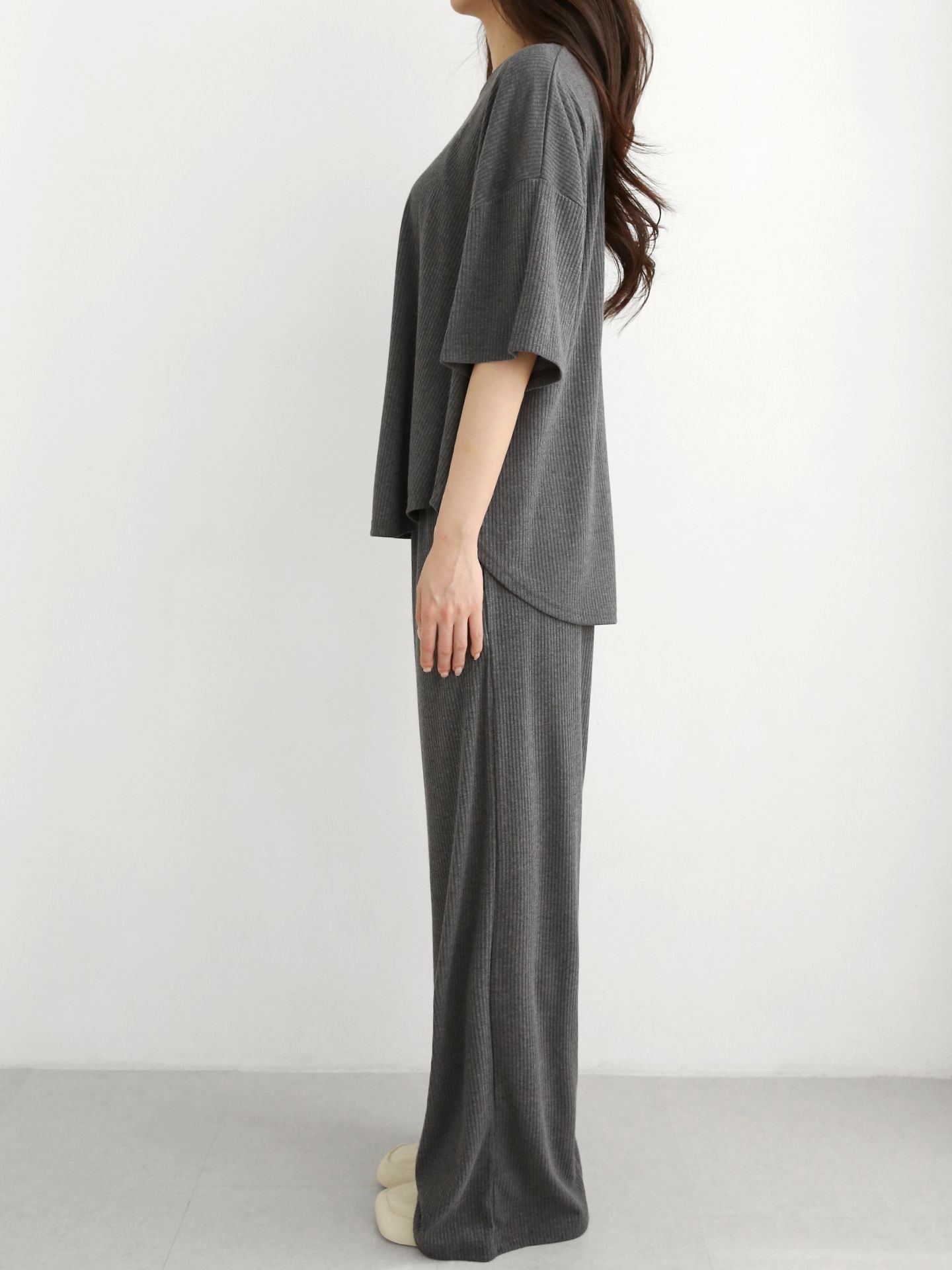 リブラウンドネックポケットウエストゴムオーバーサイズルーズ半袖フレアドロップショルダー無地ツーピース(トップス、ボトムス)パンツTシャツ | 詳細画像16