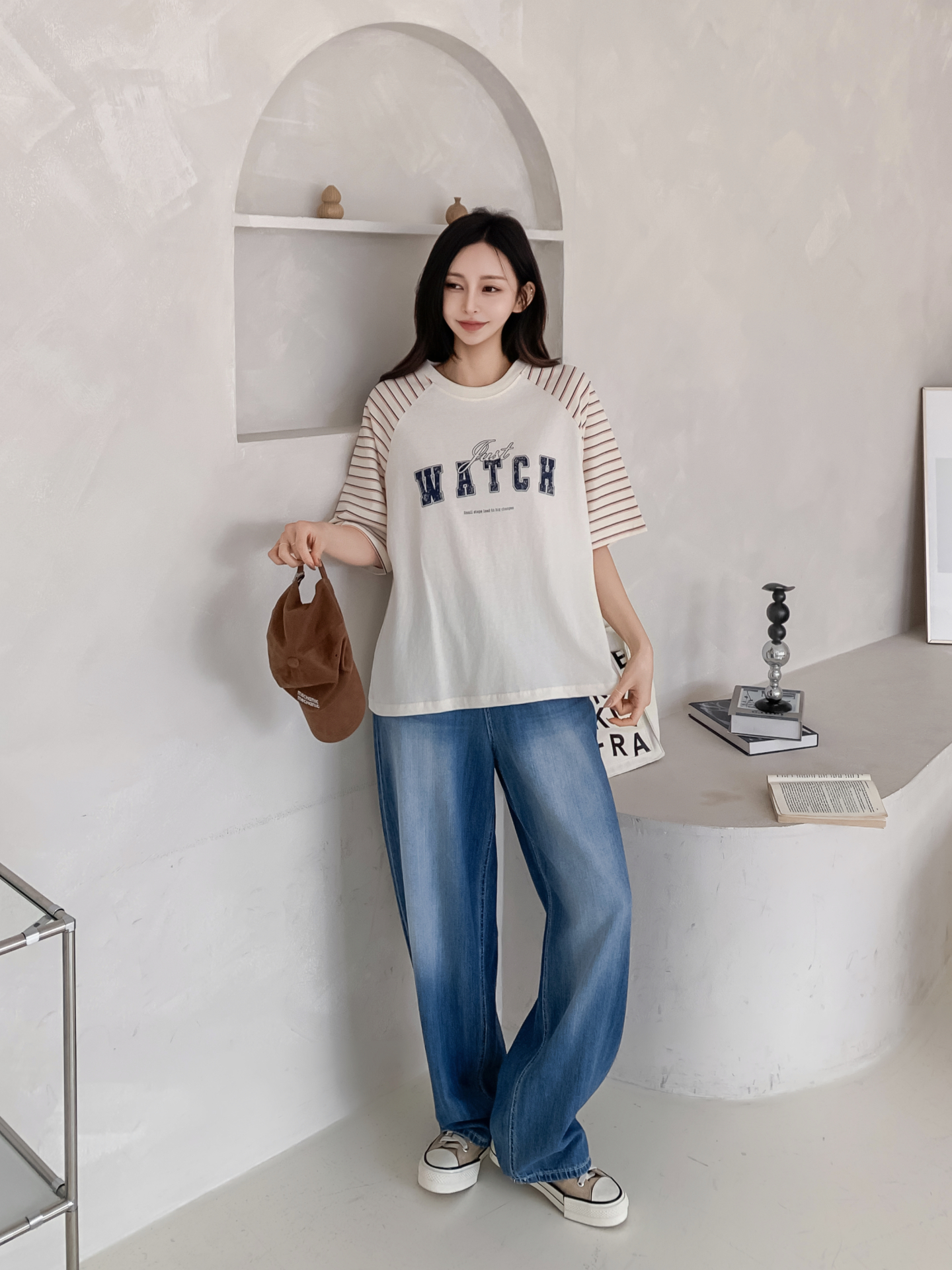 コットンラウンドネックラグランルーズ半袖プリントボーダーTシャツ | 詳細画像2