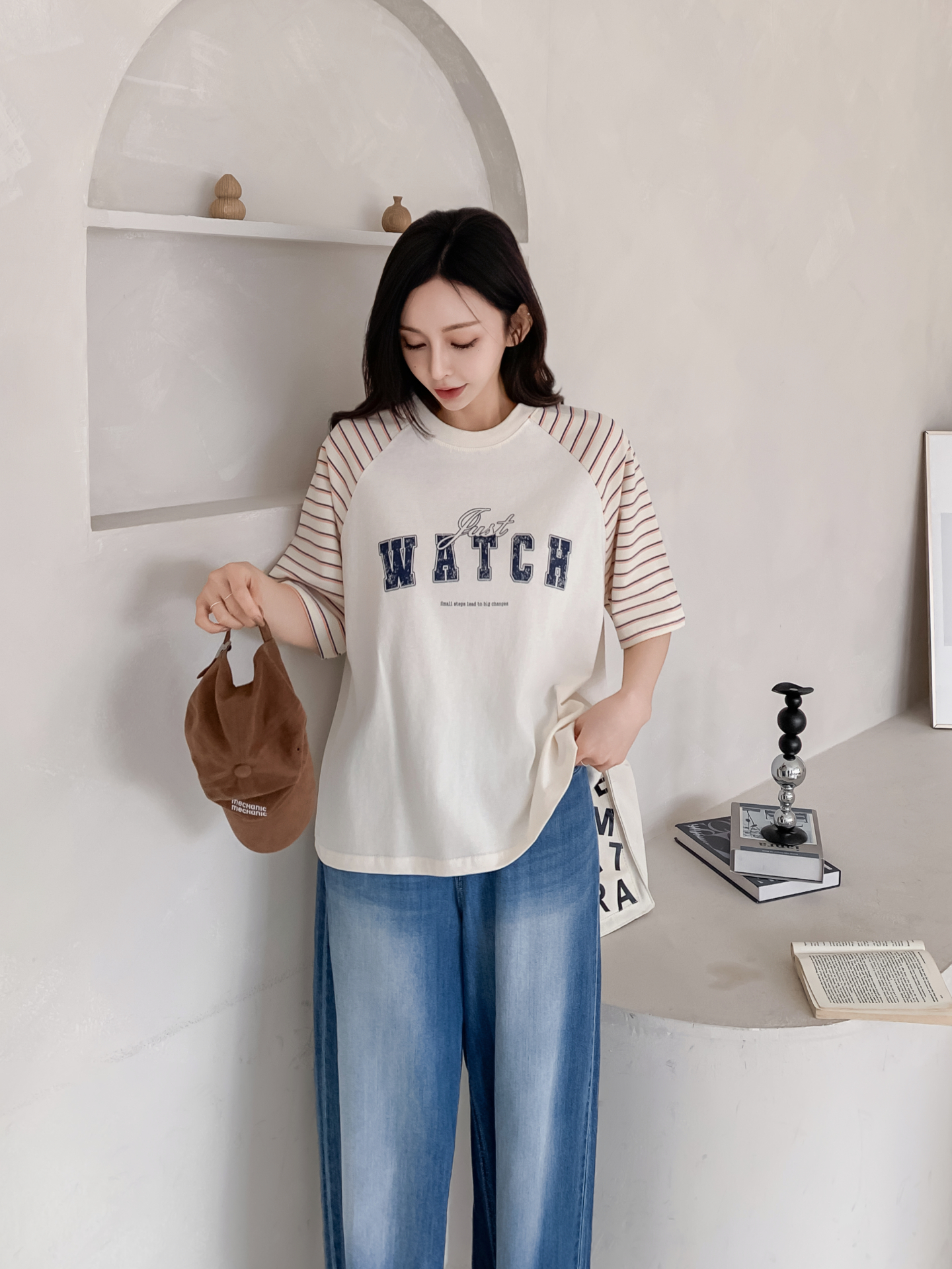 コットンラウンドネックラグランルーズ半袖プリントボーダーTシャツ | 詳細画像3