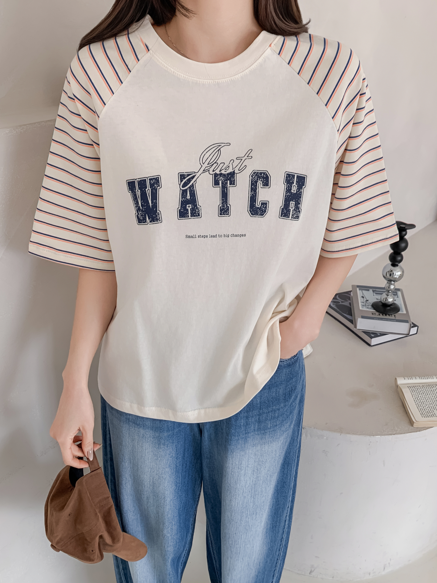 コットンラウンドネックラグランルーズ半袖プリントボーダーTシャツ | 詳細画像4