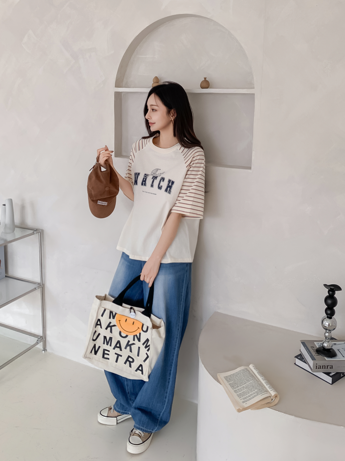 コットンラウンドネックラグランルーズ半袖プリントボーダーTシャツ | 詳細画像6