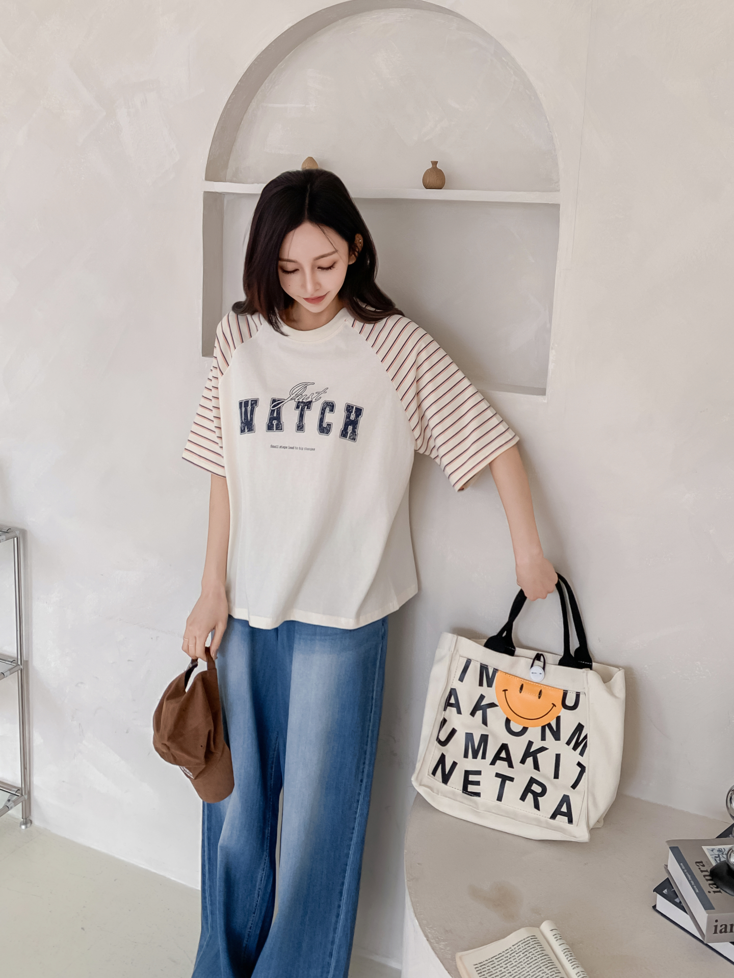 コットンラウンドネックラグランルーズ半袖プリントボーダーTシャツ | 詳細画像7