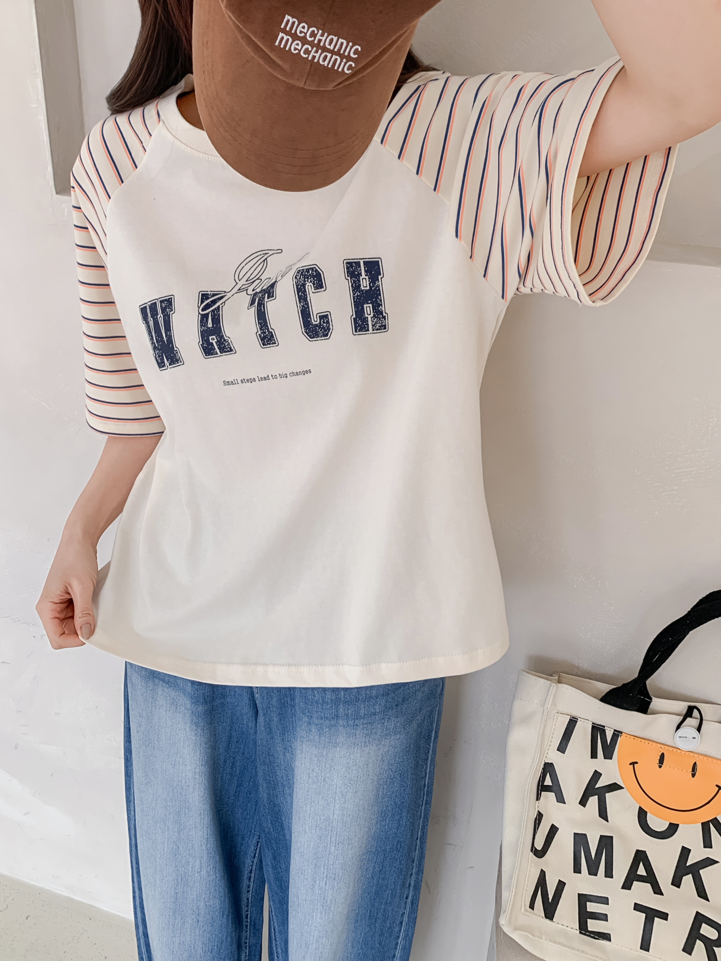 コットンラウンドネックラグランルーズ半袖プリントボーダーTシャツ | 詳細画像8