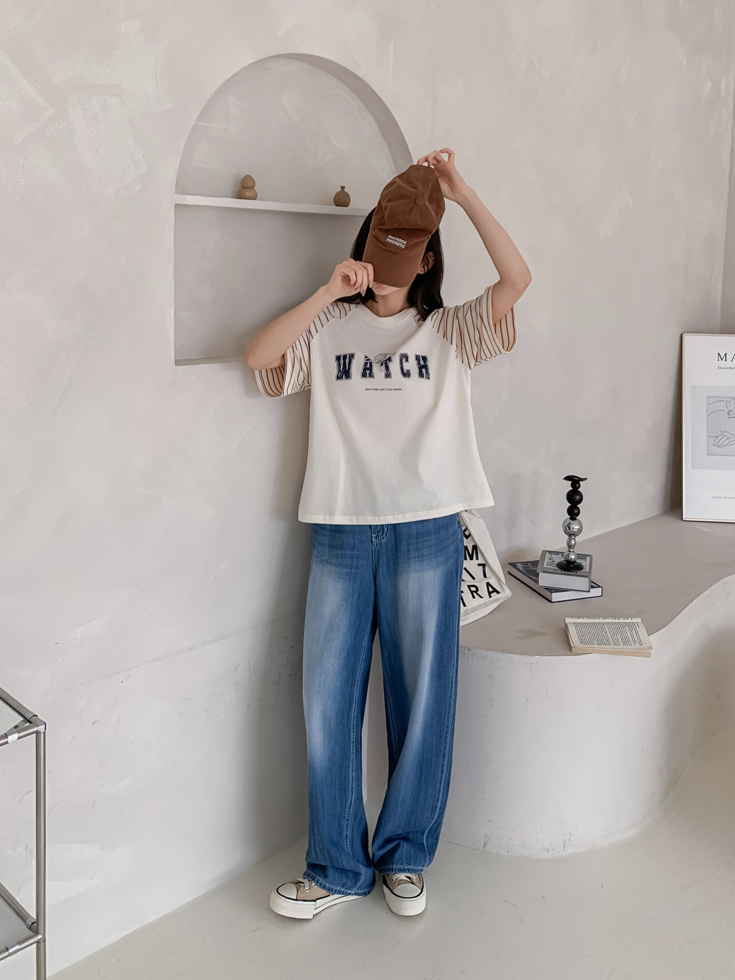 コットンラウンドネックラグランルーズ半袖プリントボーダーTシャツ | 詳細画像9
