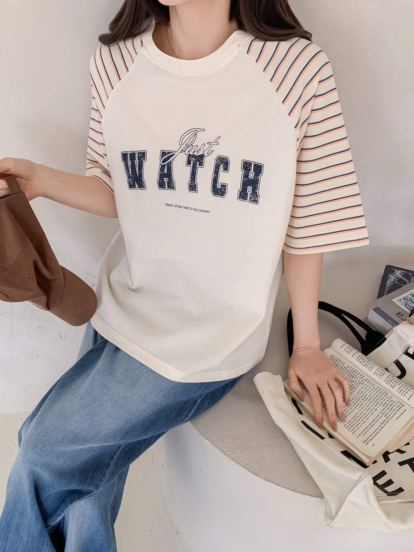 コットンラウンドネックラグランルーズ半袖プリントボーダーTシャツ | 詳細画像10