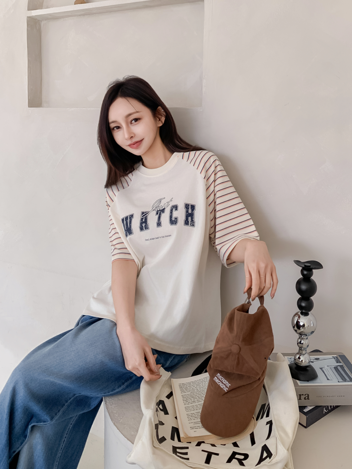 コットンラウンドネックラグランルーズ半袖プリントボーダーTシャツ | 詳細画像11