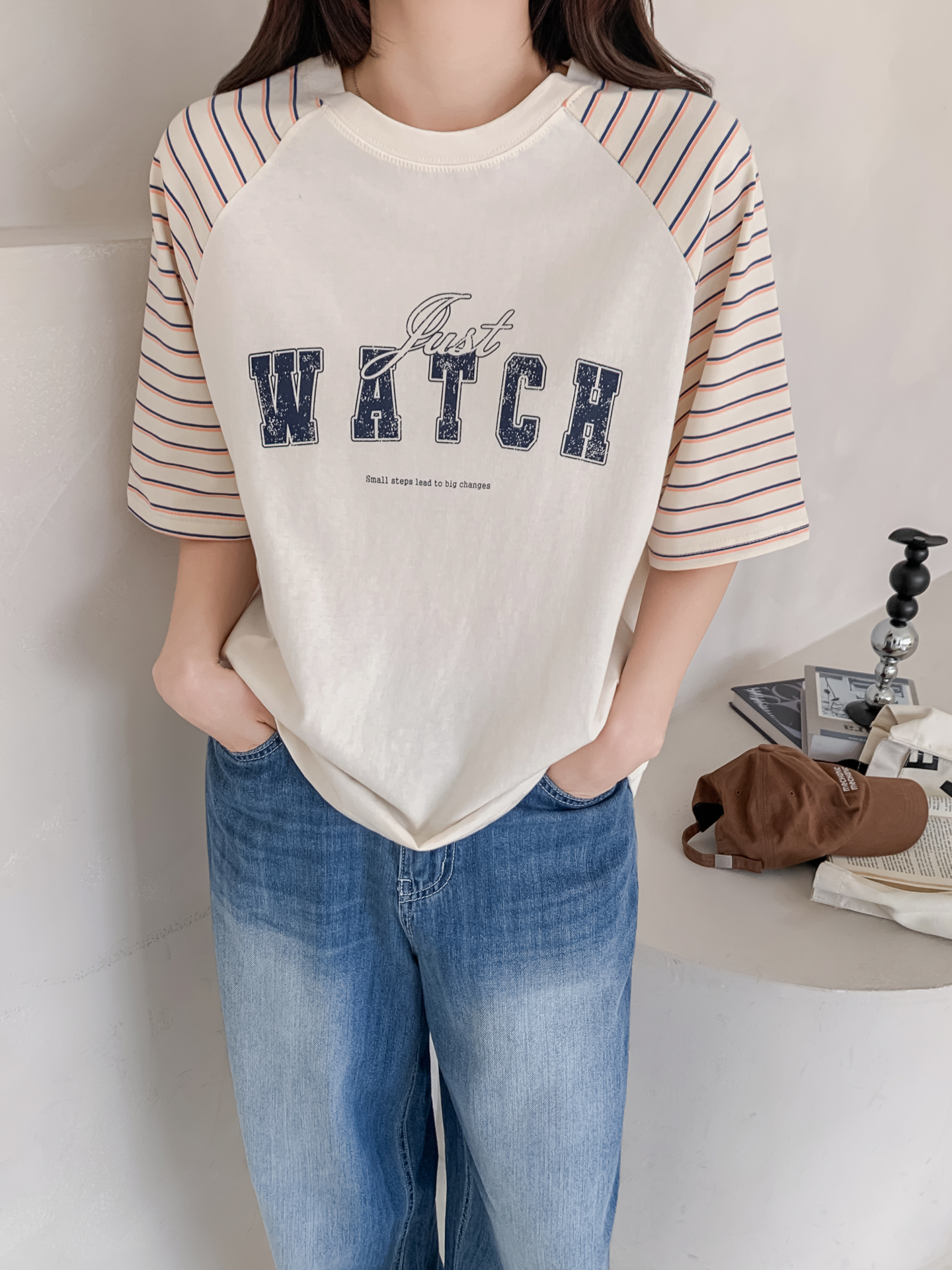 コットンラウンドネックラグランルーズ半袖プリントボーダーTシャツ | 詳細画像15