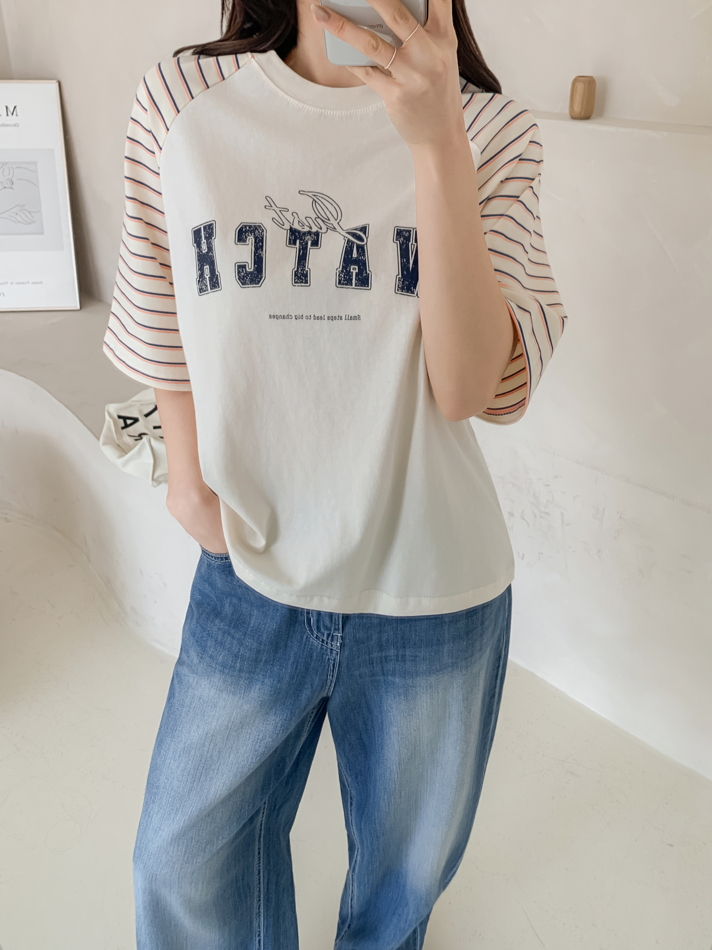 コットンラウンドネックラグランルーズ半袖プリントボーダーTシャツ | 詳細画像16