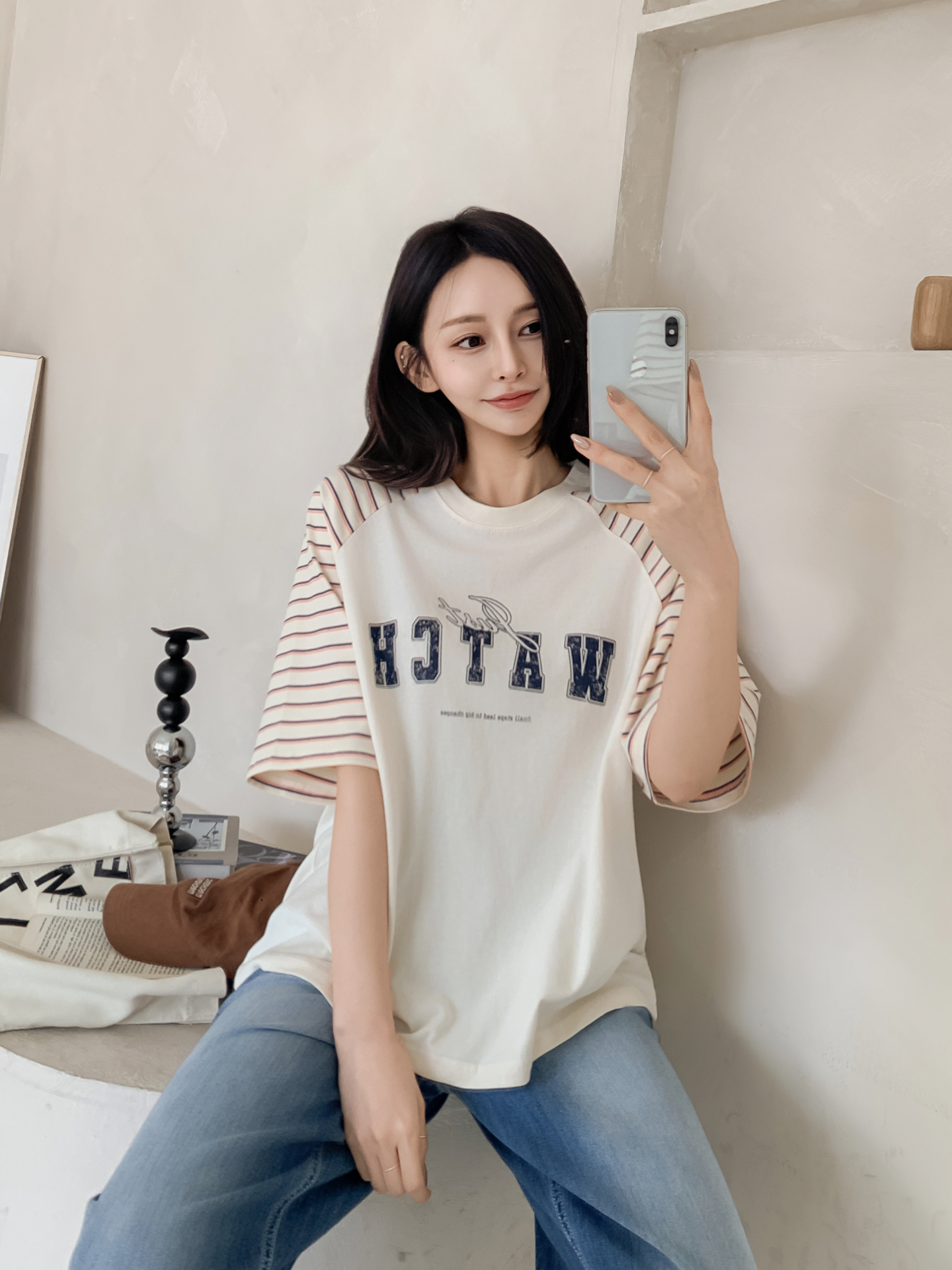 コットンラウンドネックラグランルーズ半袖プリントボーダーTシャツ | 詳細画像17