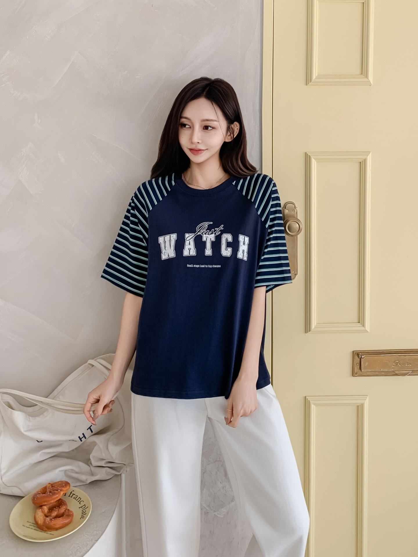 コットンラウンドネックラグランルーズ半袖プリントボーダーTシャツ | 詳細画像19