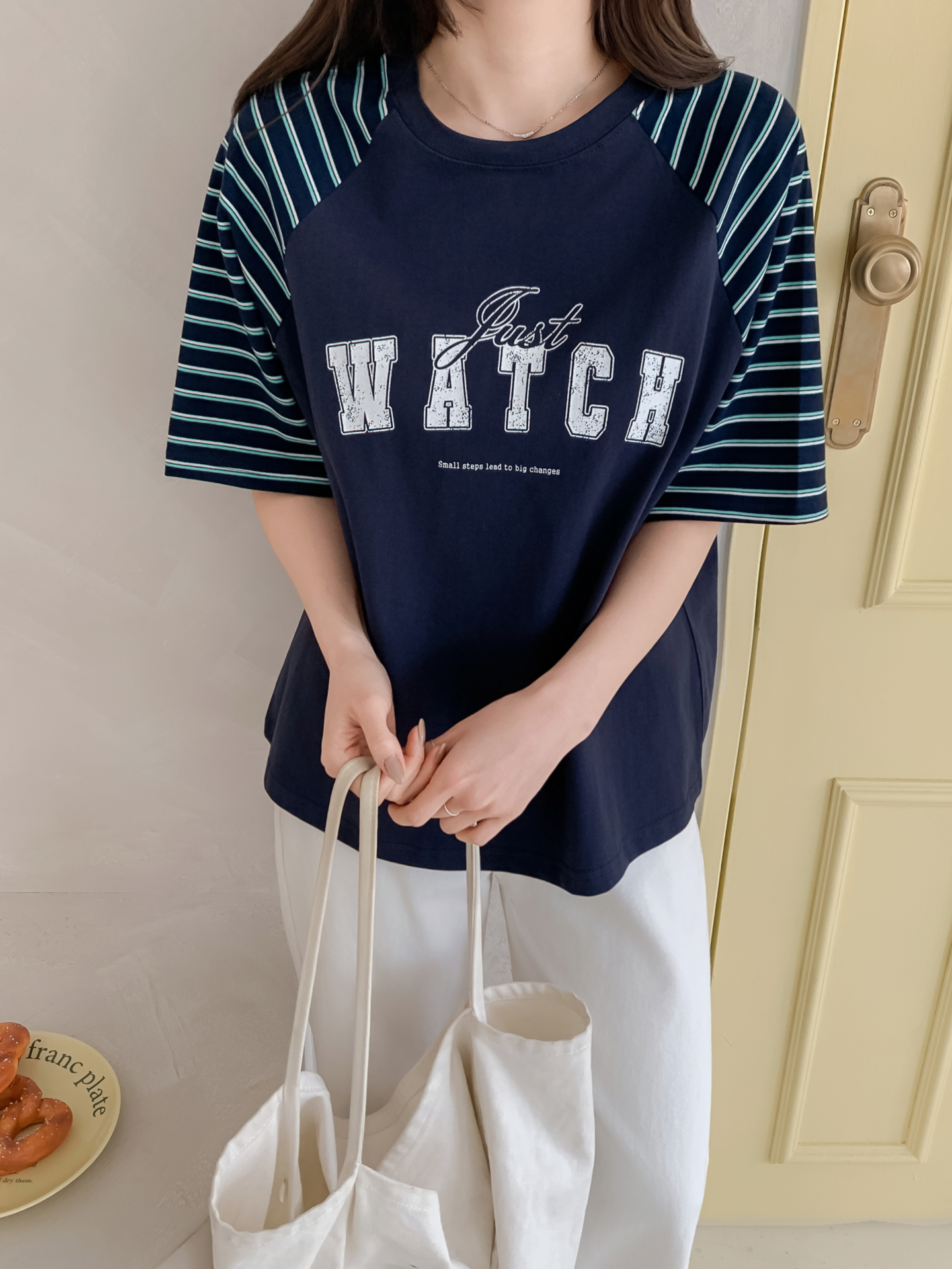 コットンラウンドネックラグランルーズ半袖プリントボーダーTシャツ | 詳細画像22