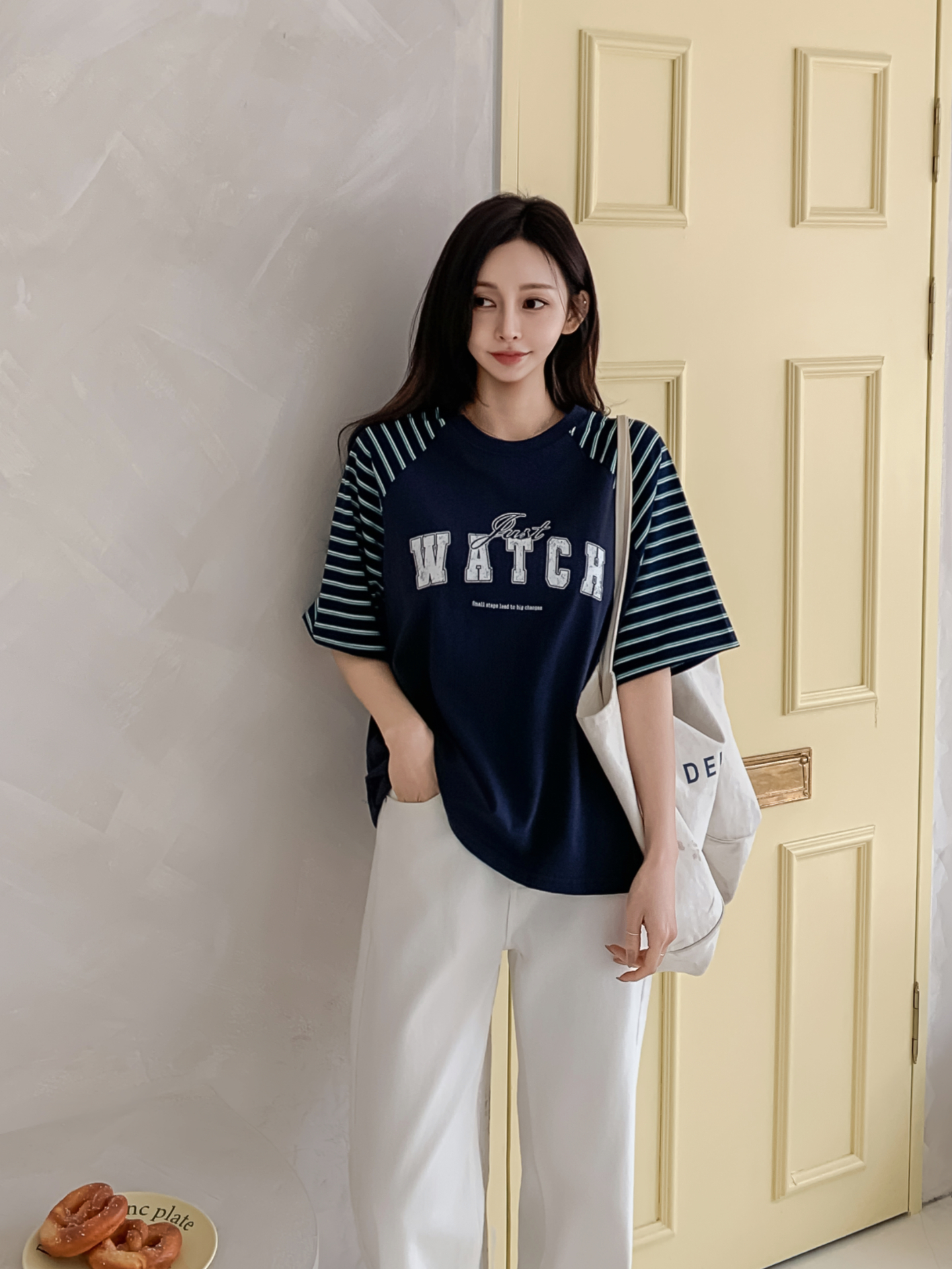 コットンラウンドネックラグランルーズ半袖プリントボーダーTシャツ | 詳細画像24