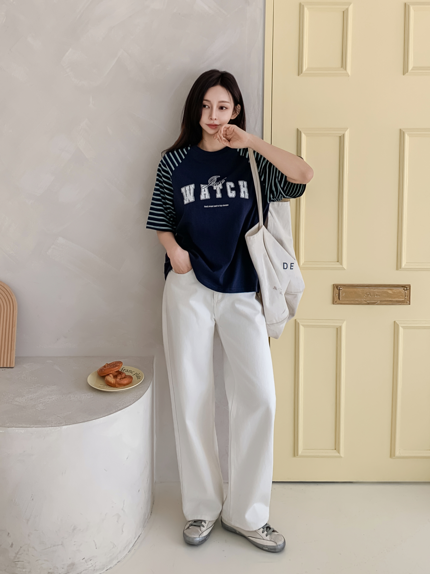 コットンラウンドネックラグランルーズ半袖プリントボーダーTシャツ | 詳細画像25