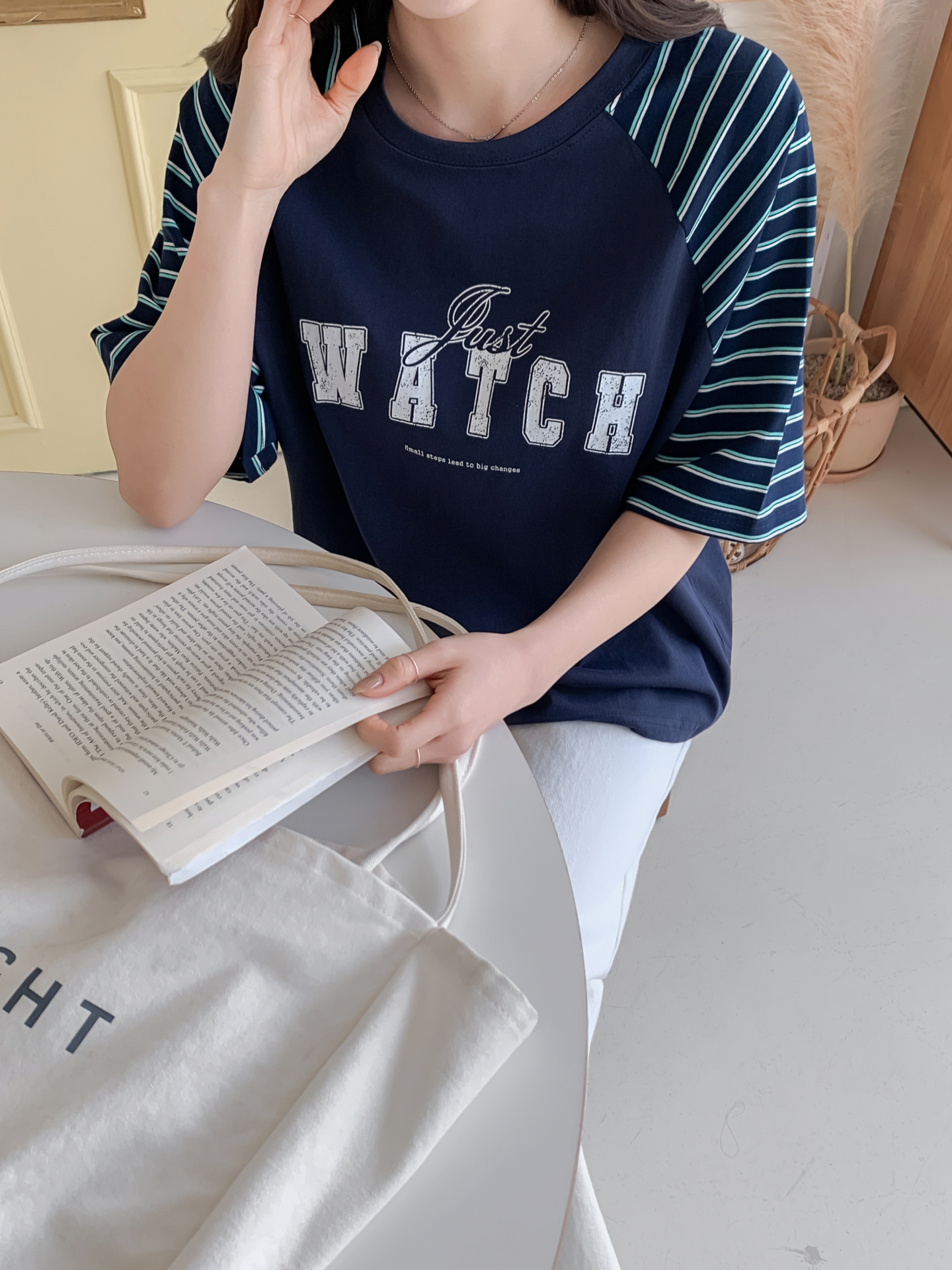コットンラウンドネックラグランルーズ半袖プリントボーダーTシャツ | 詳細画像26